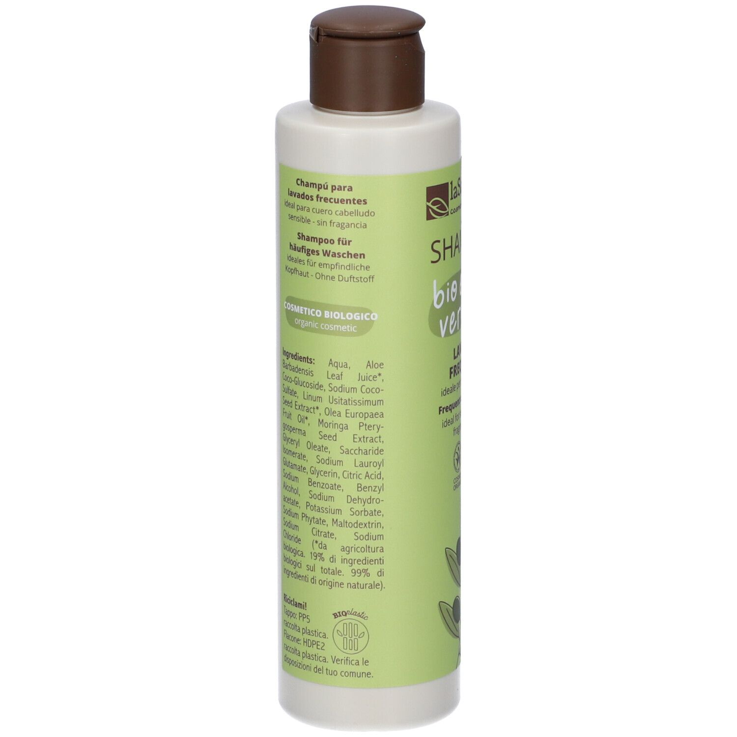 Retro flacone verde. Testo: ingredienti, shampoo lavaggi frequenti, certificazione bio, logo vegano.