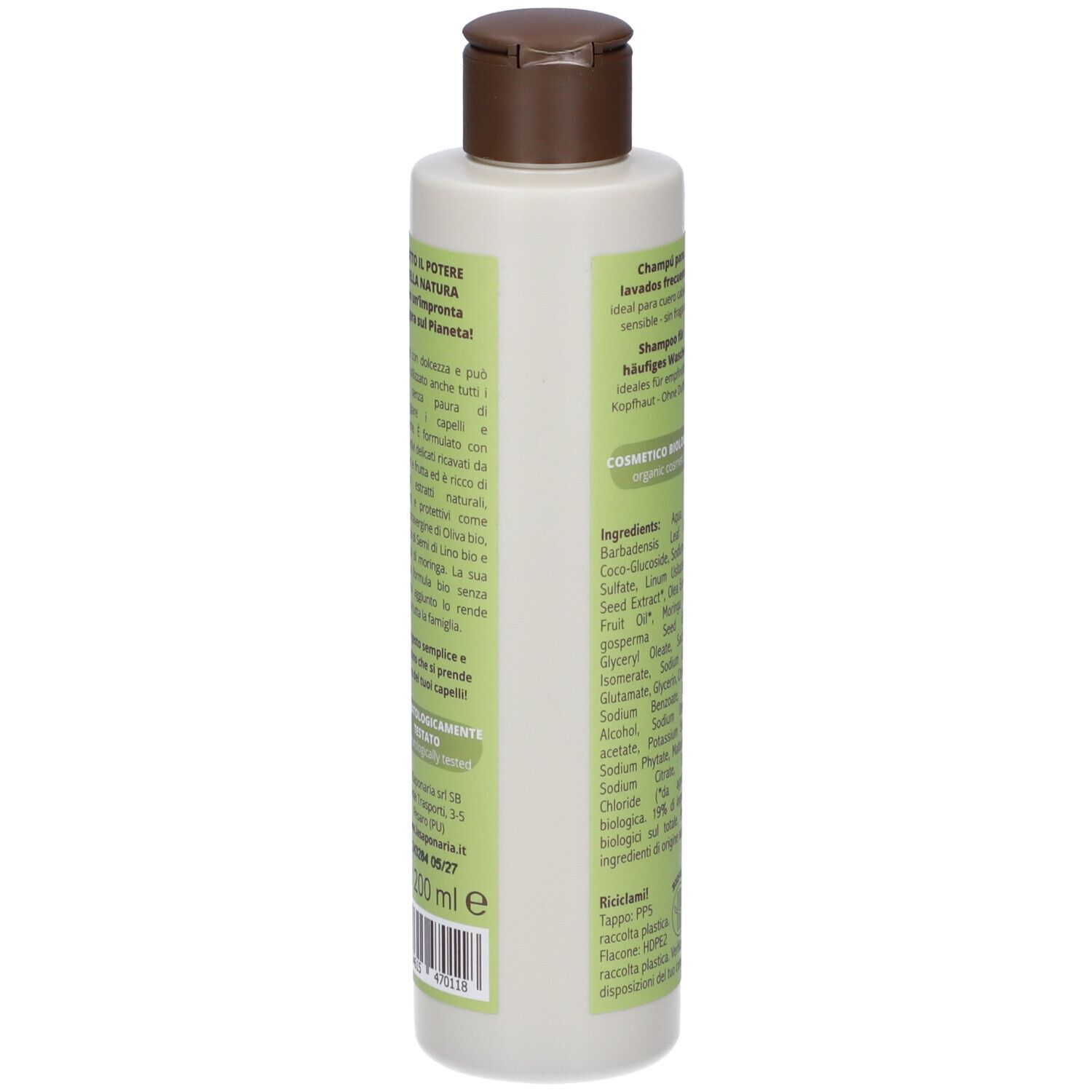 Retro flacone verde. Testo: ingredienti, shampoo lavaggi frequenti, certificazione bio, logo vegano.