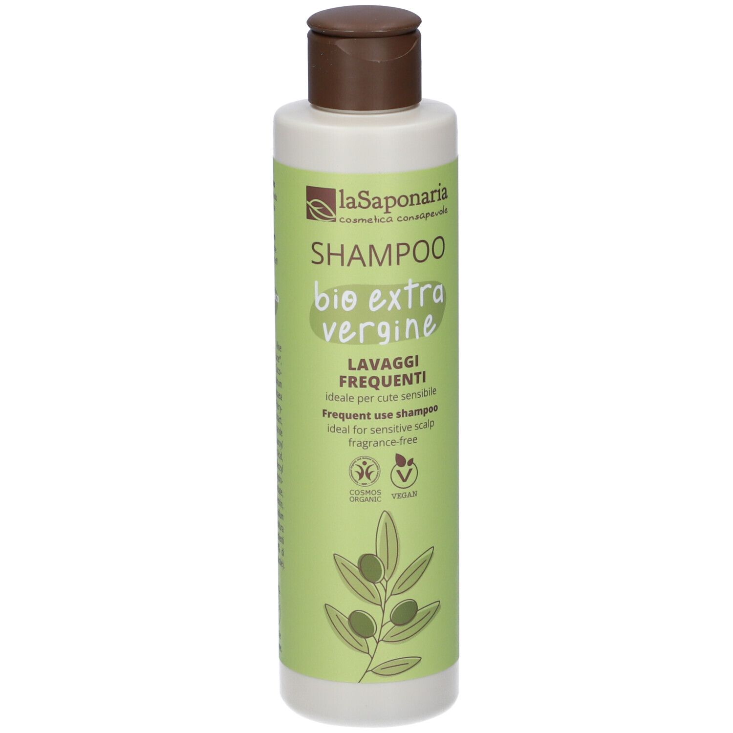Flacone verde con tappo marrone. Scritta: Shampoo bio extra vergine. Illustrazione di ramo d'ulivo.