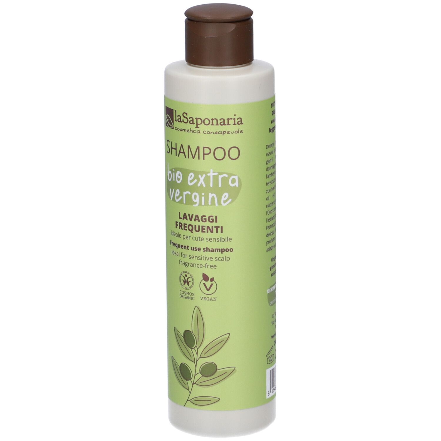 Flacone verde con tappo marrone. Scritta: Shampoo bio extra vergine. Illustrazione di ramo d'ulivo.