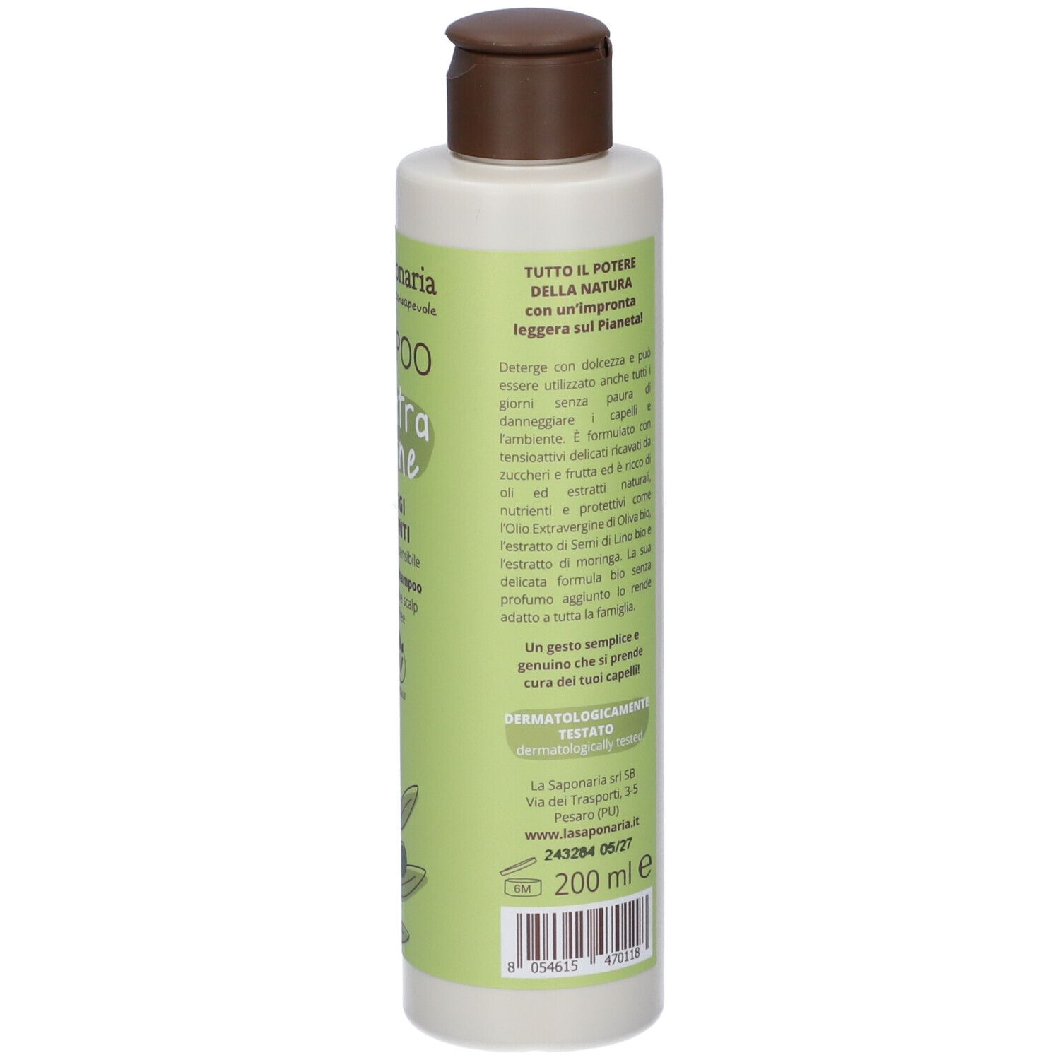 Retro flacone verde. Testo: ingredienti, 200 ml, dermatologicamente testato, certificazione bio, logo vegano.