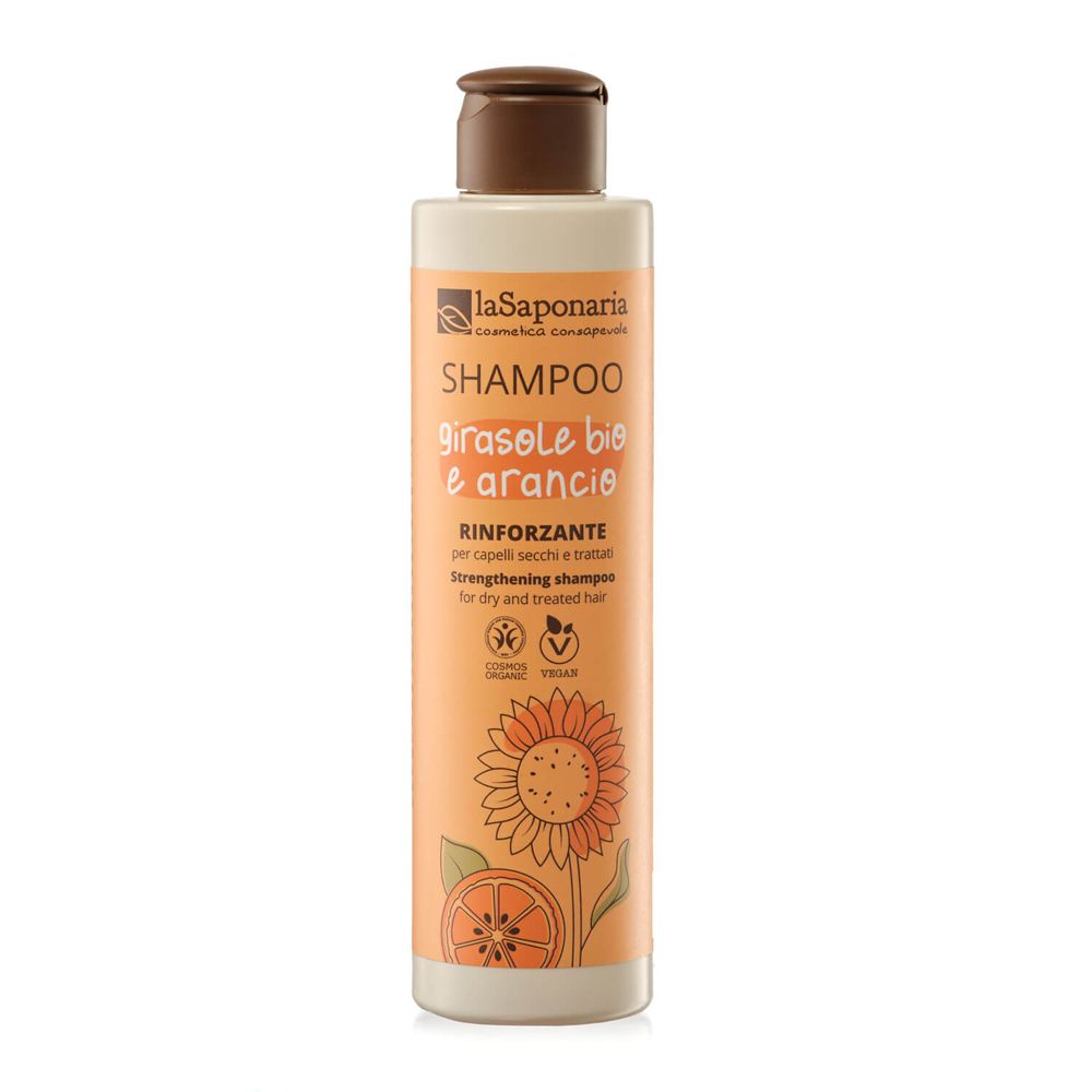 Flacone di shampoo. Scritta: Shampoo Girasole bio e arancie. Rinforzante. Girasole e arancia disegnati.