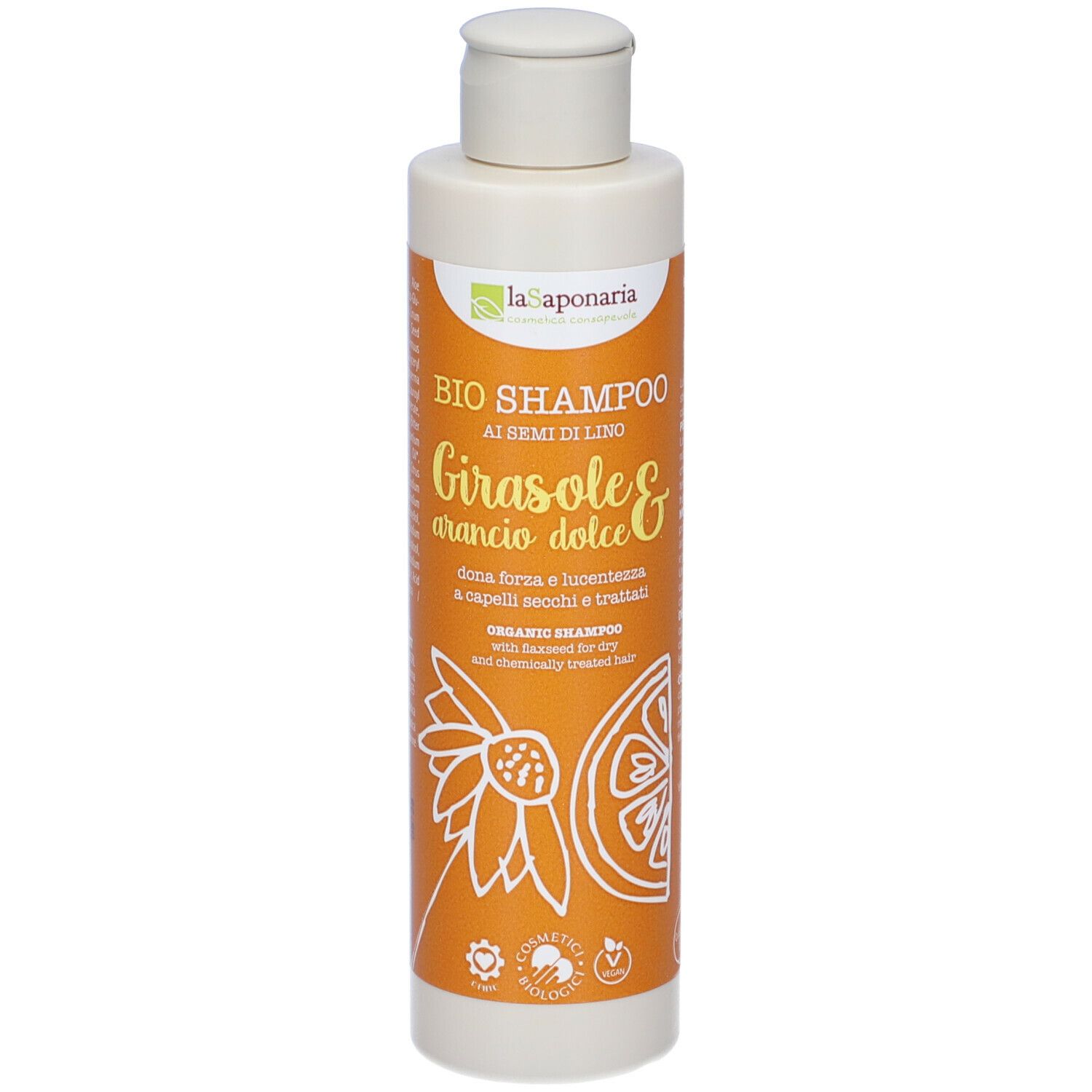Flacone di shampoo. Scritta: BIO SHAMPOO ai semi di lino. Girasole & arancio dolce. Girasole e arancia disegnati.