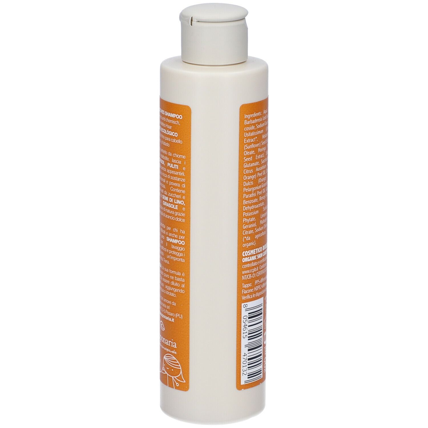 Flacone di shampoo. Retro con ingredienti e certificazioni. Scritta: BIO SHAMPOO ai semi di lino. Girasole & arancio dolce.
