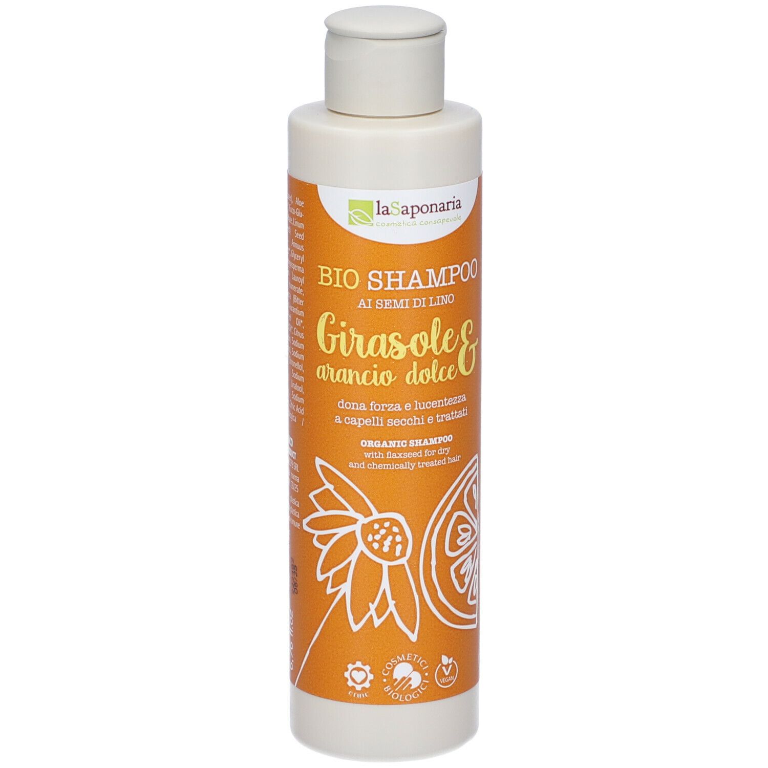 Flacone di shampoo. Scritta: BIO SHAMPOO ai semi di lino. Girasole & arancio dolce. Girasole e arancia disegnati.