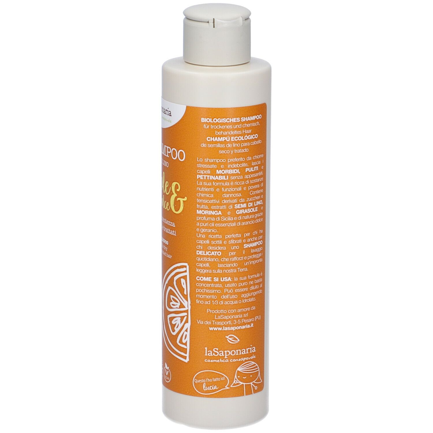 Flacone di shampoo. Retro con testo e logo. Scritta: BIO SHAMPOO ai semi di lino. Girasole & arancio dolce.