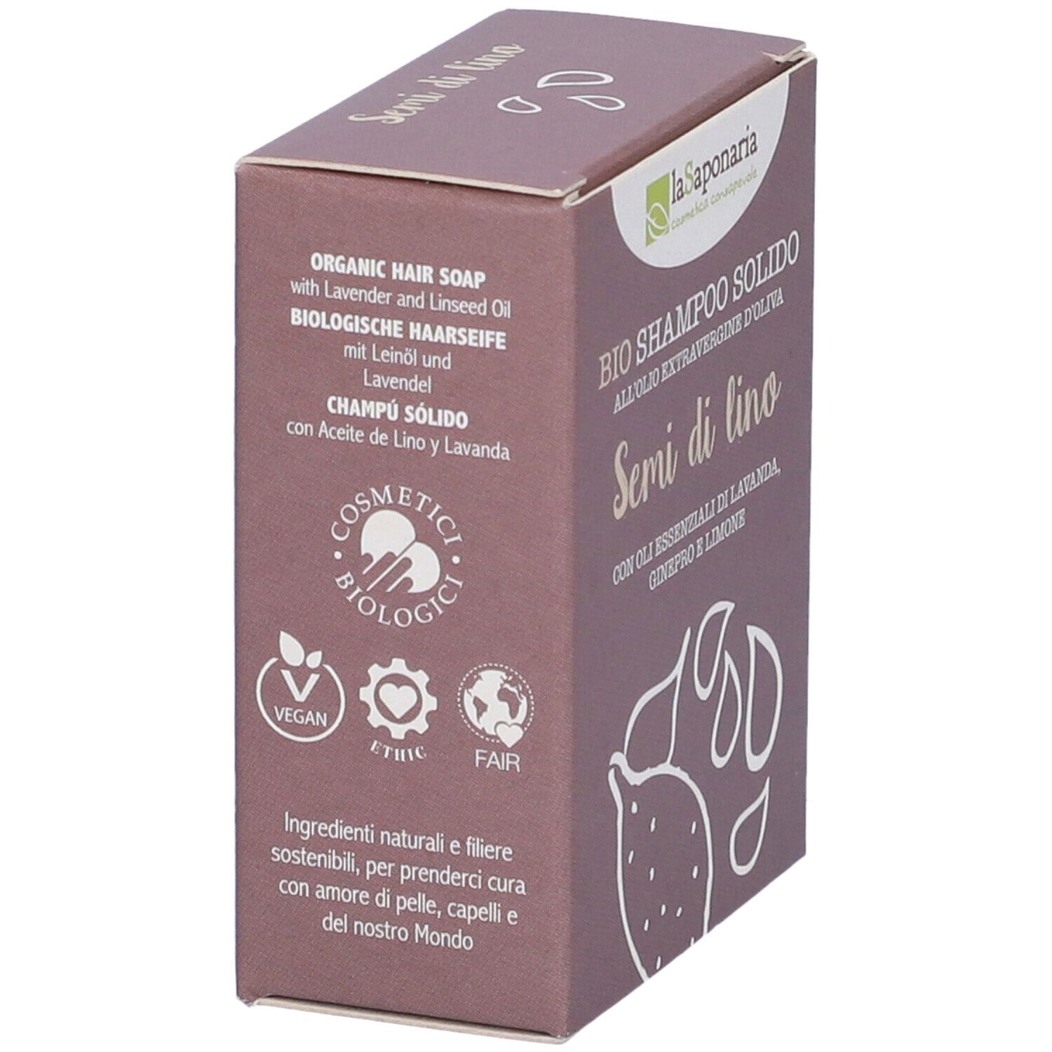 Confezione in cartone marrone. Scritta: Organic Hair Soap, Bio Shampoo Solido, Semi di lino. Loghi: Cosmetic Biologici, Vegan, Ethic, Fair.