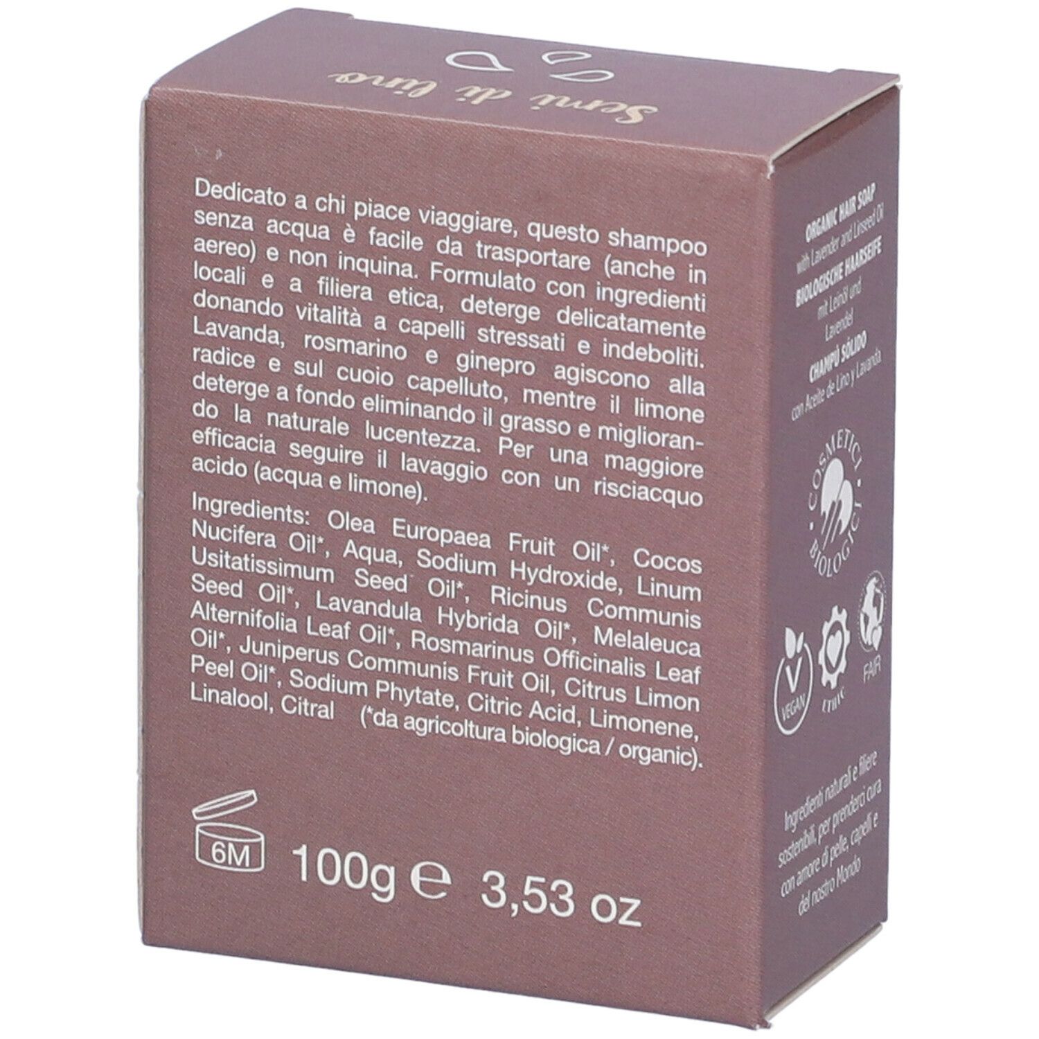 Confezione in cartone marrone con testo. Scritta: 100g e 3,53 oz. Ingredienti. Logo: 6M. Testo in italiano.