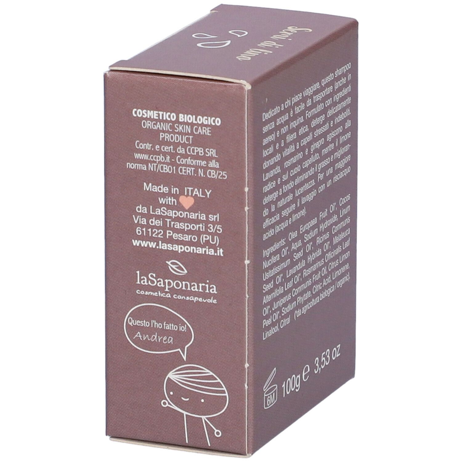 Confezione in cartone marrone. Scritta: Made in Italy, La Saponaria. Logo: La Saponaria. Testo in italiano.