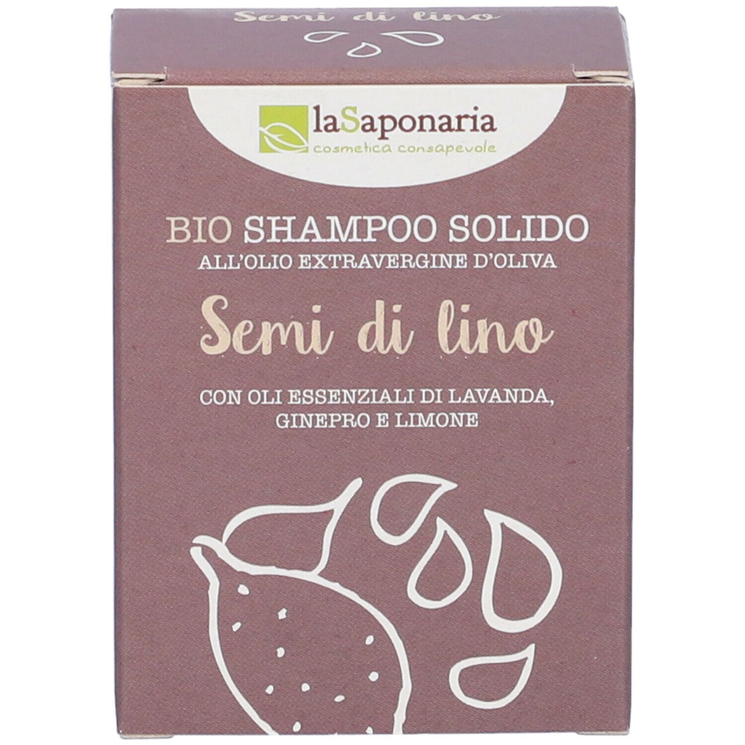 Confezione in cartone marrone. Scritta: Bio Shampoo Solido, Semi di lino. Logo: La Saponaria. Illustrazione: Semi.