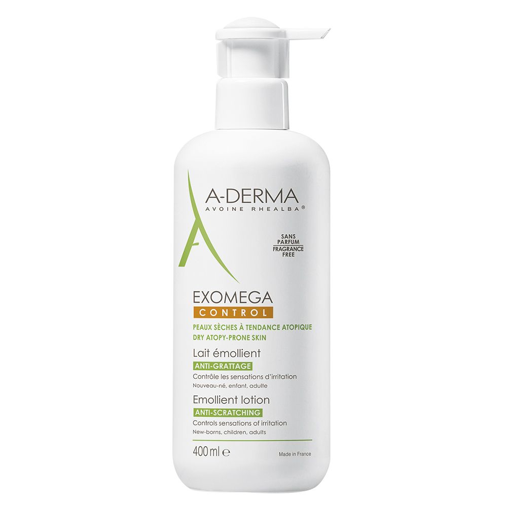 Flacon blanc avec pompe. A-DERMA EXOMEGA CONTROL. 400ml. Anti-grattage. Sans parfum.