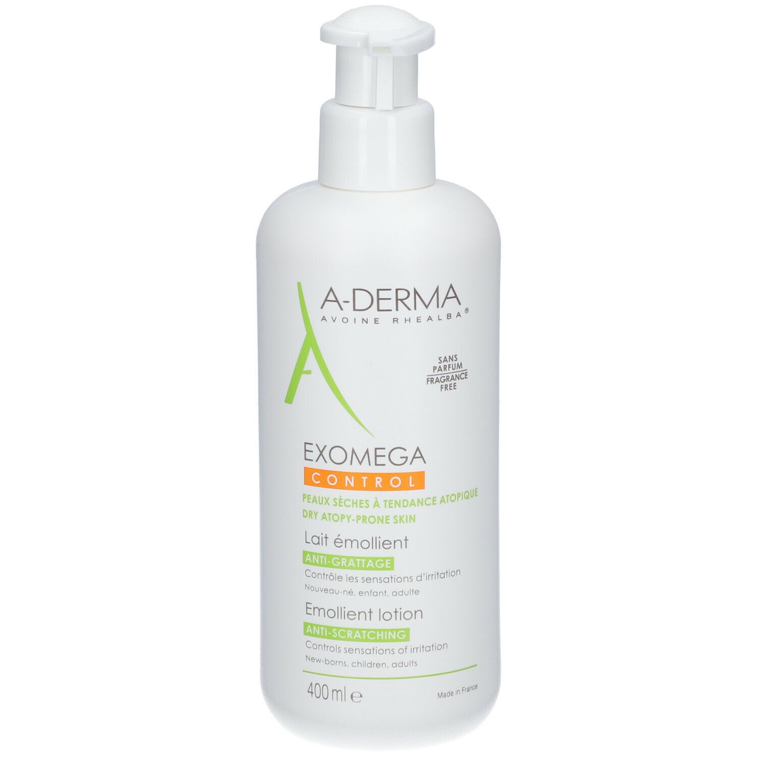 Flacon blanc avec pompe. A-DERMA EXOMEGA CONTROL. 400ml. Anti-grattage. Sans parfum.