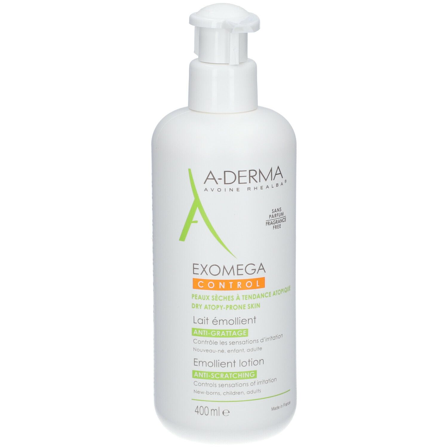 Flacon blanc avec pompe. A-DERMA EXOMEGA CONTROL. 400ml. Anti-grattage. Sans parfum.