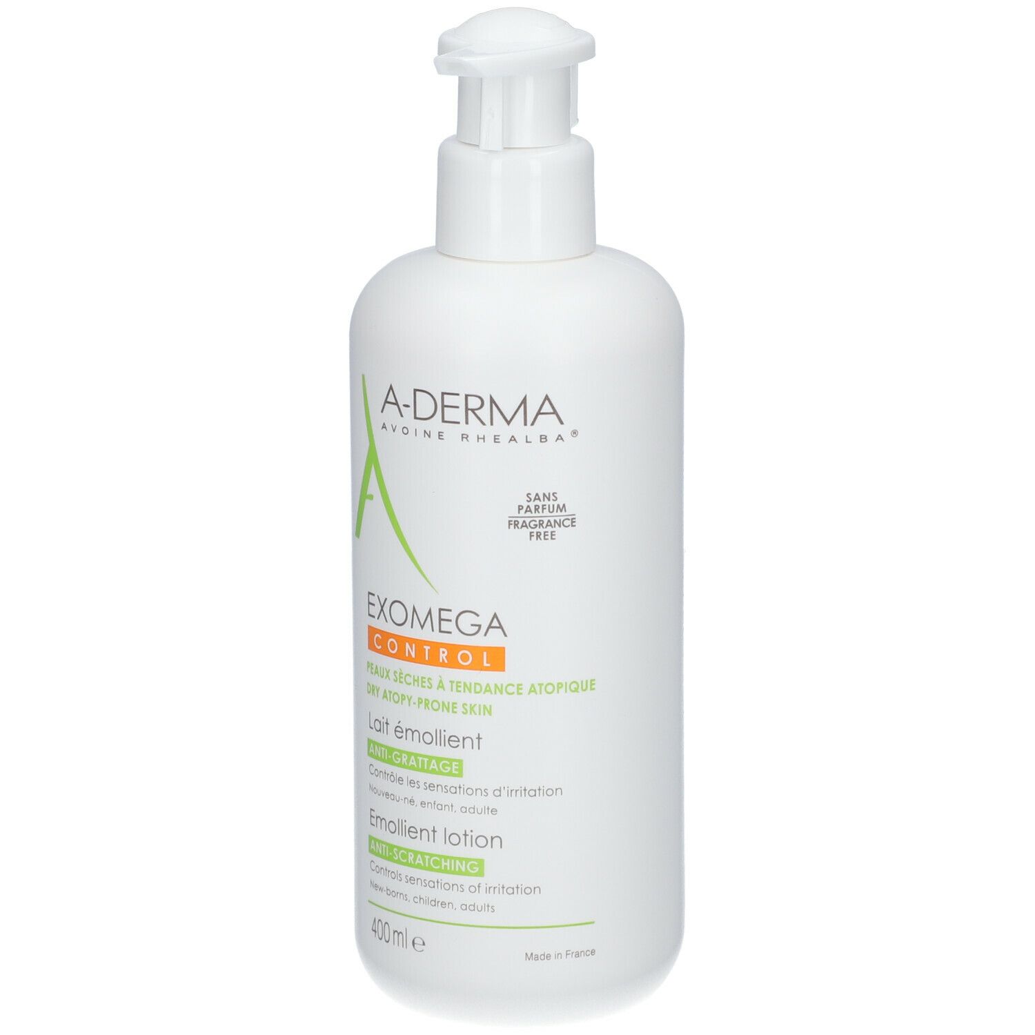 Flacon blanc avec pompe. A-DERMA EXOMEGA CONTROL. 400ml. Anti-grattage. Sans parfum.