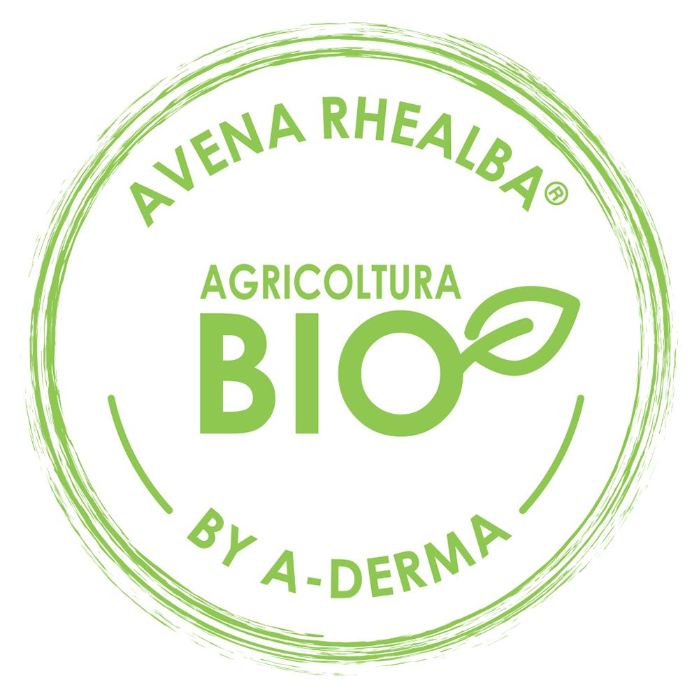 Logo rond vert. Texte : AVENA RHEALBA, AGRICOLTURA BIO, BY A-DERMA.