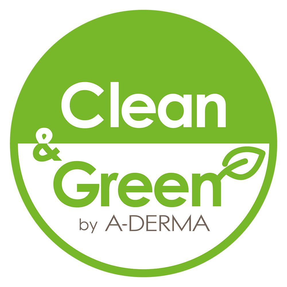 Logo rond vert. Texte : Clean & Green by A-DERMA.