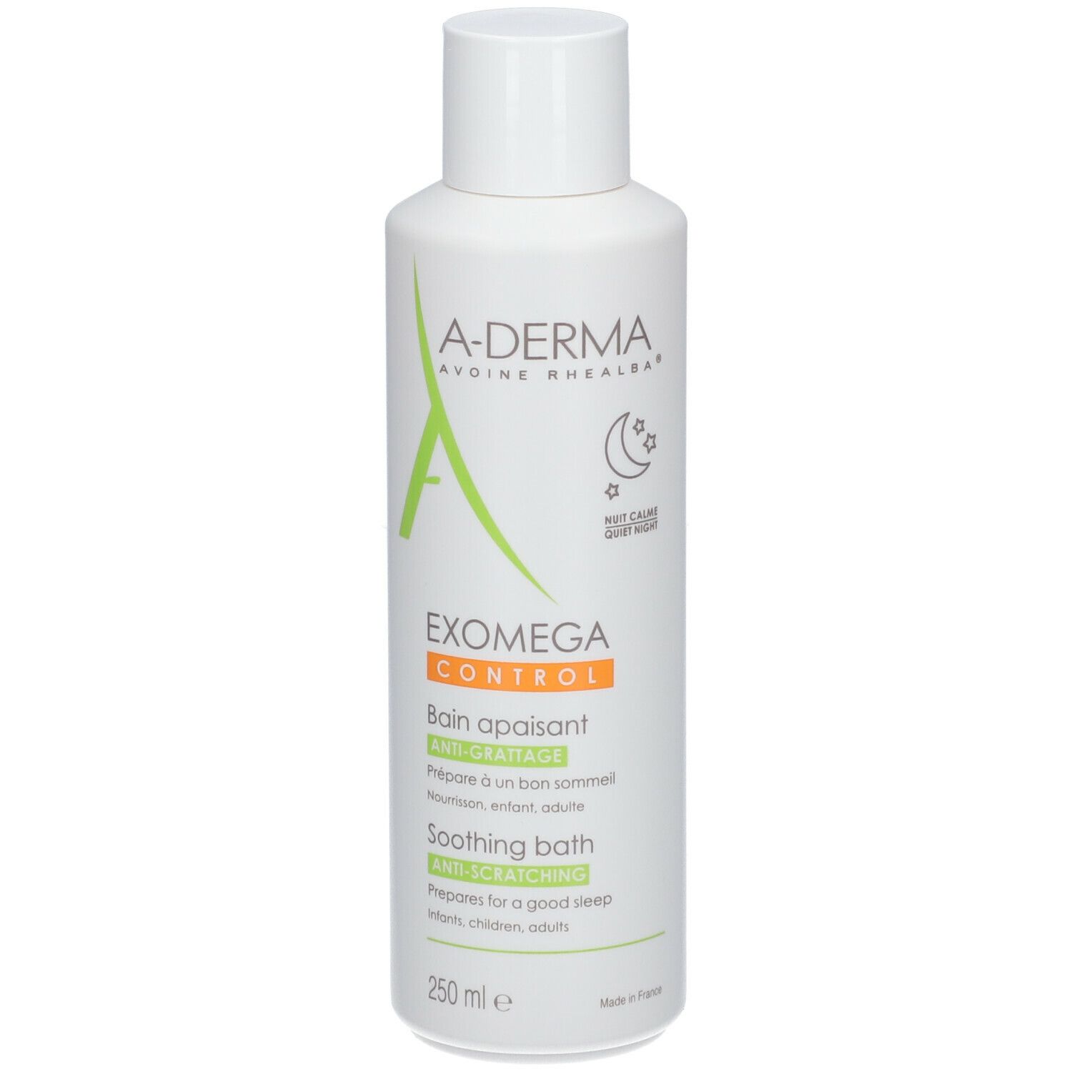 A-Derma EXOMEGA Control Bagno lenitivo. Bottiglia bianca con etichetta verde e arancione. Testo: EXOMEGA CONTROL, Soothing bath.