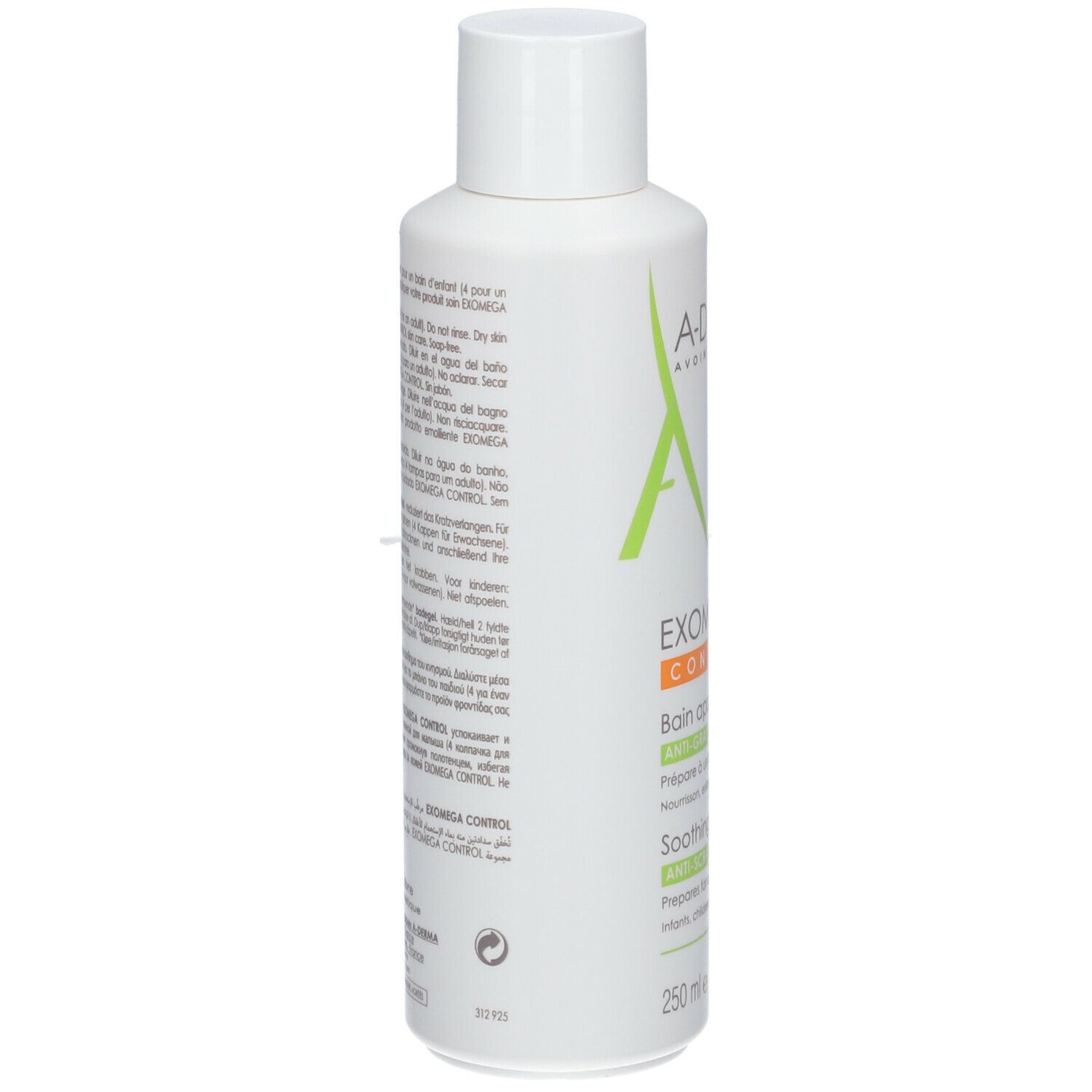 Retro della bottiglia A-Derma EXOMEGA Control. Testo multilingue. Informazioni sul prodotto.