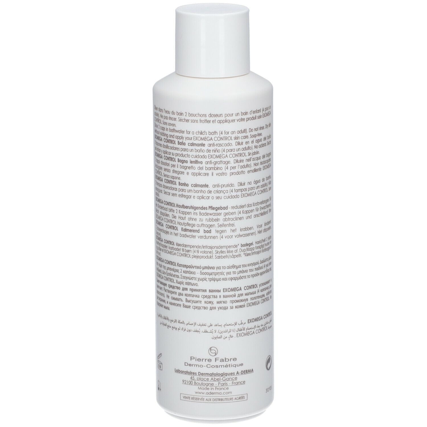 Retro della bottiglia A-Derma EXOMEGA Control. Testo multilingue. Informazioni sul prodotto.
