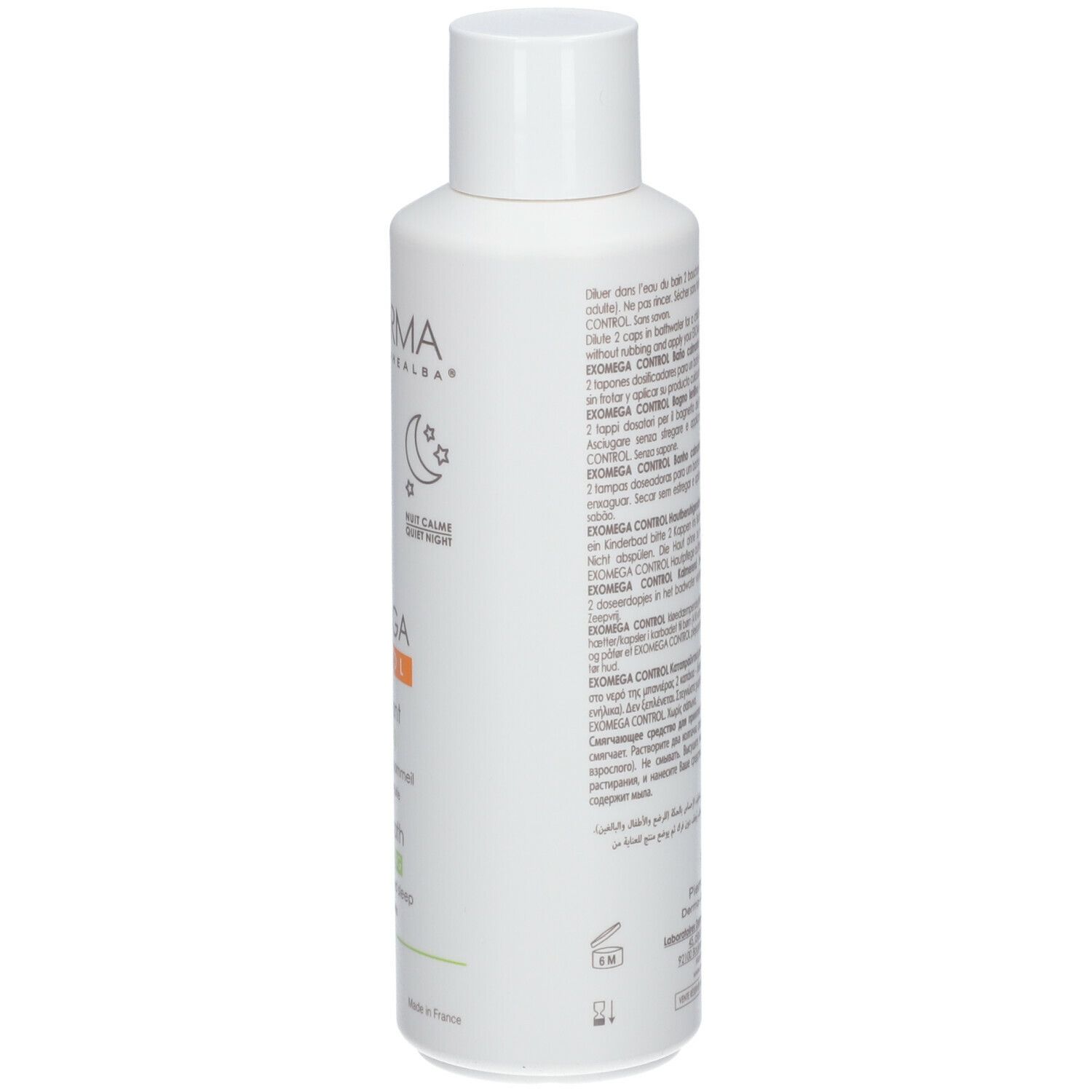 Retro della bottiglia A-Derma EXOMEGA Control. Testo multilingue. Informazioni sul prodotto.
