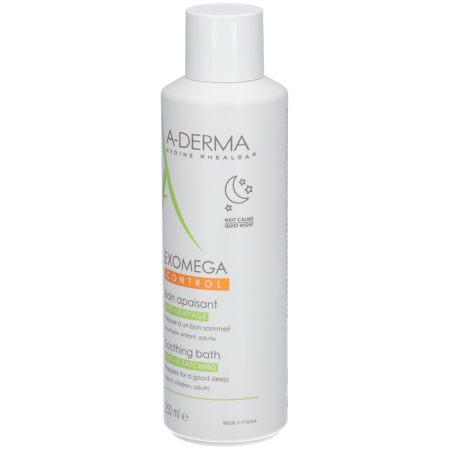 A-Derma EXOMEGA Control Bagno lenitivo. Bottiglia bianca con etichetta verde e arancione. Testo: EXOMEGA CONTROL, Soothing bath.