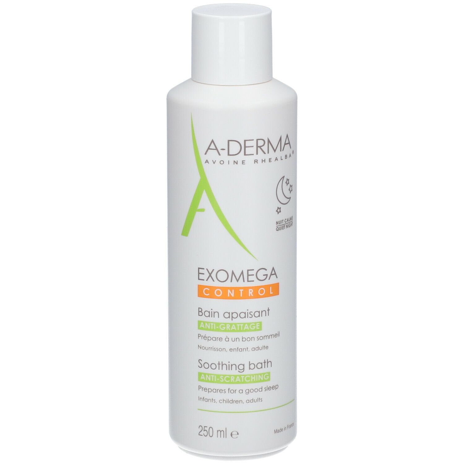 A-Derma EXOMEGA Control Bagno lenitivo. Bottiglia bianca con etichetta verde e arancione. Testo: EXOMEGA CONTROL, Soothing bath.