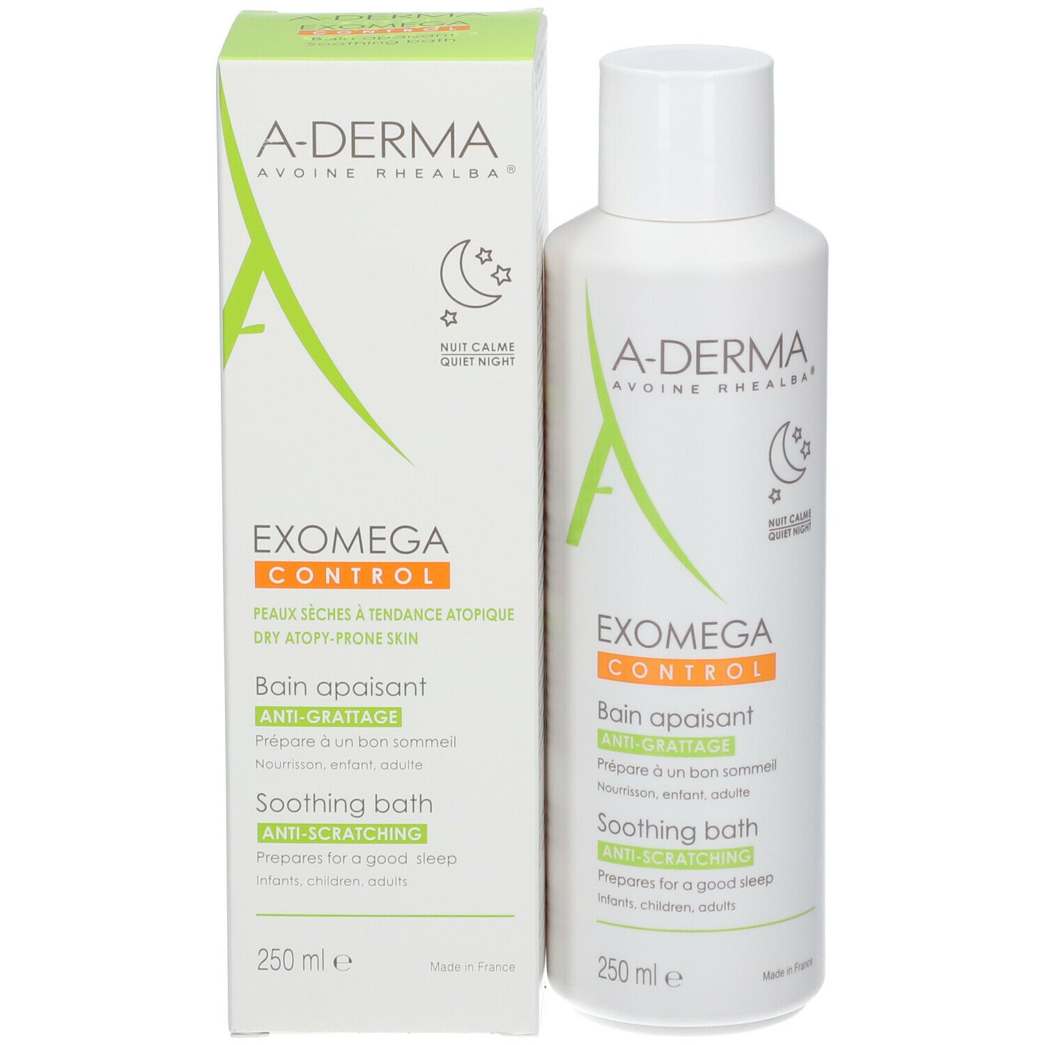 A-Derma EXOMEGA Control Bagno lenitivo in confezione. Bottiglia bianca e scatola. Testo: EXOMEGA CONTROL, Bain apaisant, Soothing bath.