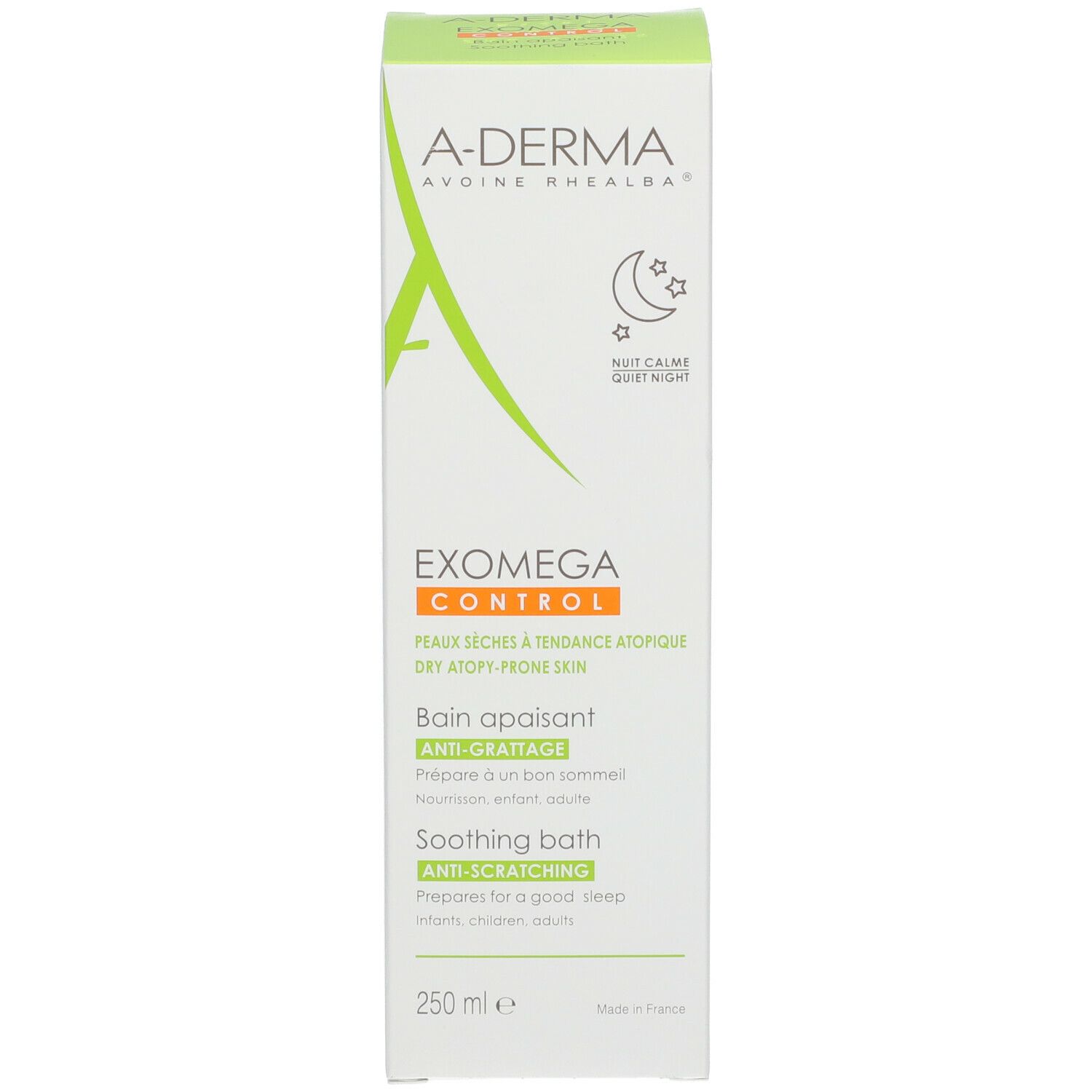 A-Derma EXOMEGA Control Bagno lenitivo in confezione. Bottiglia bianca e scatola. Testo: EXOMEGA CONTROL, Bain apaisant, Soothing bath.