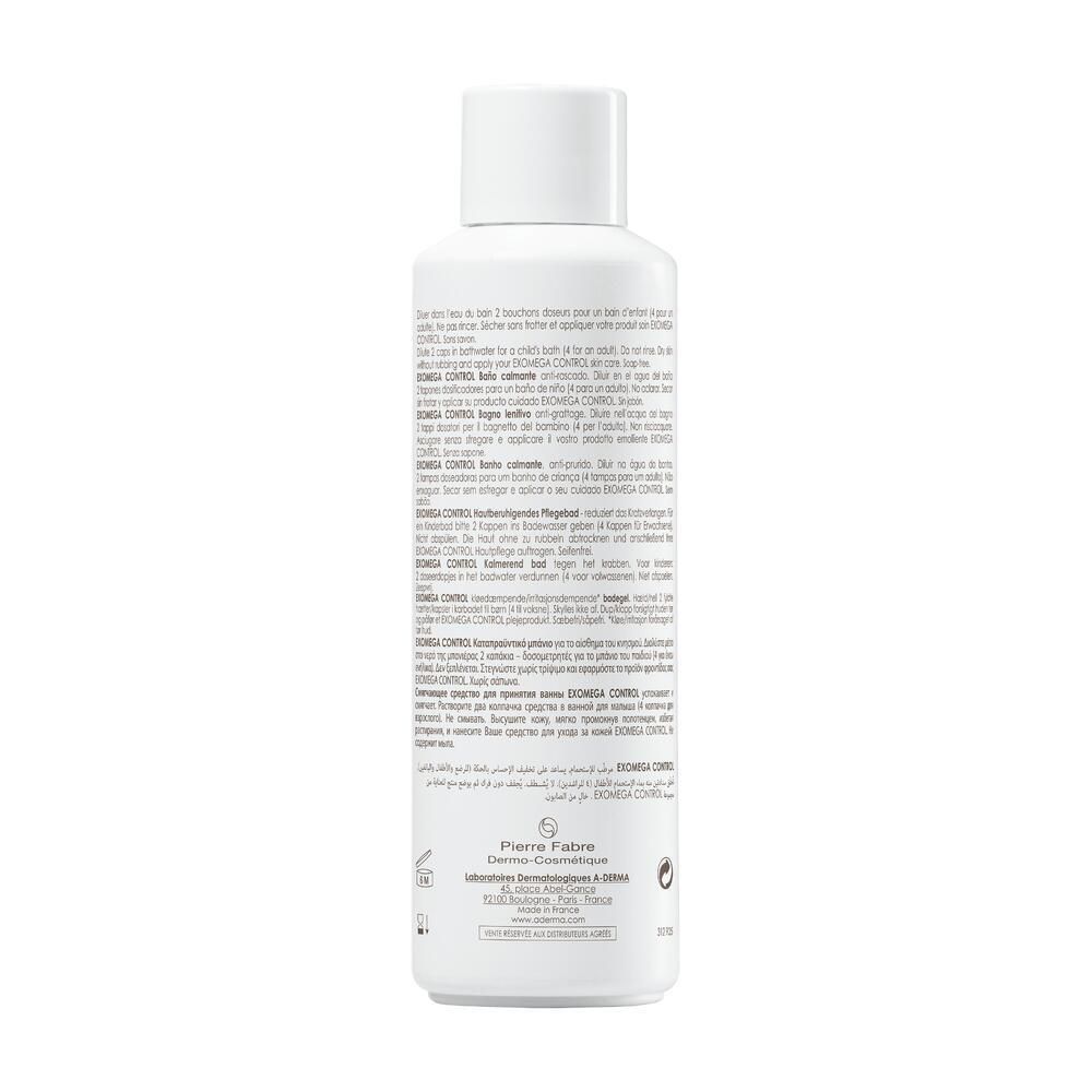 Retro della bottiglia A-Derma EXOMEGA Control. Testo multilingue. Logo Pierre Fabre. Informazioni sul prodotto.