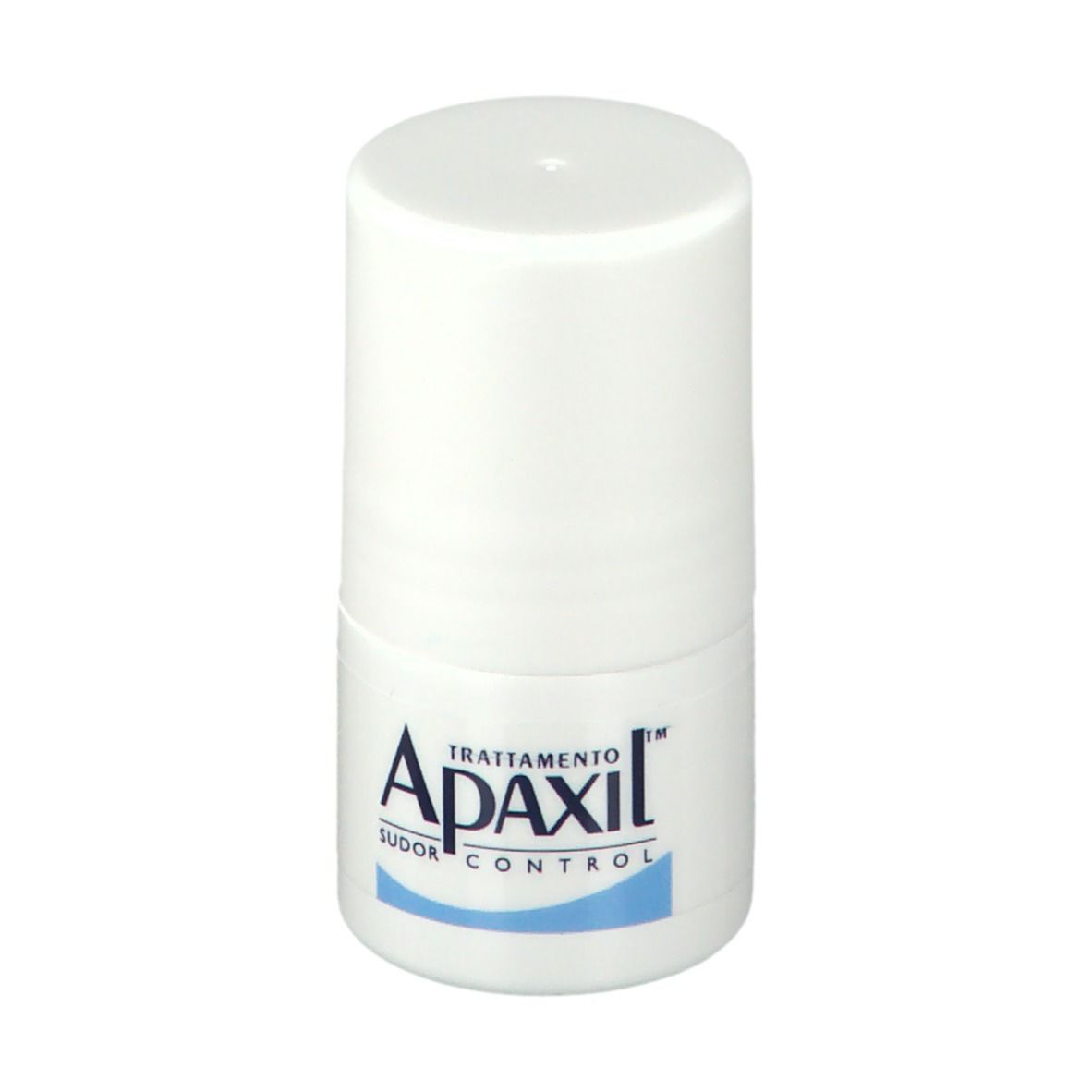 Weißer Roll-on-Deo-Behälter mit blauer und weißer Beschriftung: Apaxil, Trattamento, Sudor Control.