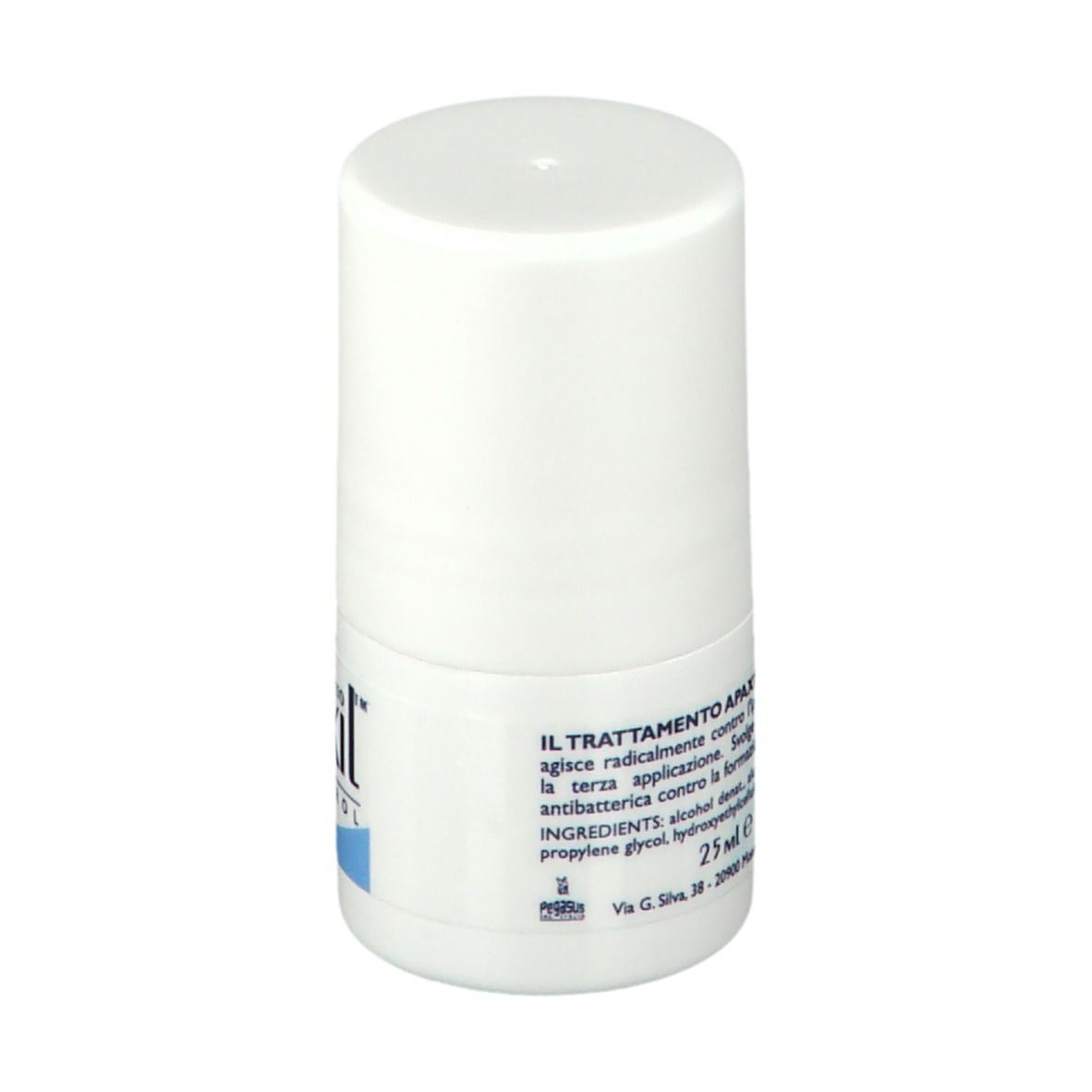 Weiße Roll-on-Flasche mit blauem Etikett und weißem Deckel. Enthält 25 ml.