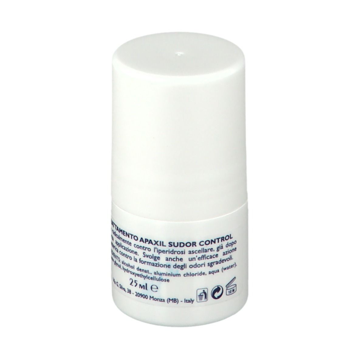 Weißer Roll-on Deodorant Behälter mit 25 ml Inhalt und Produktinformationen.