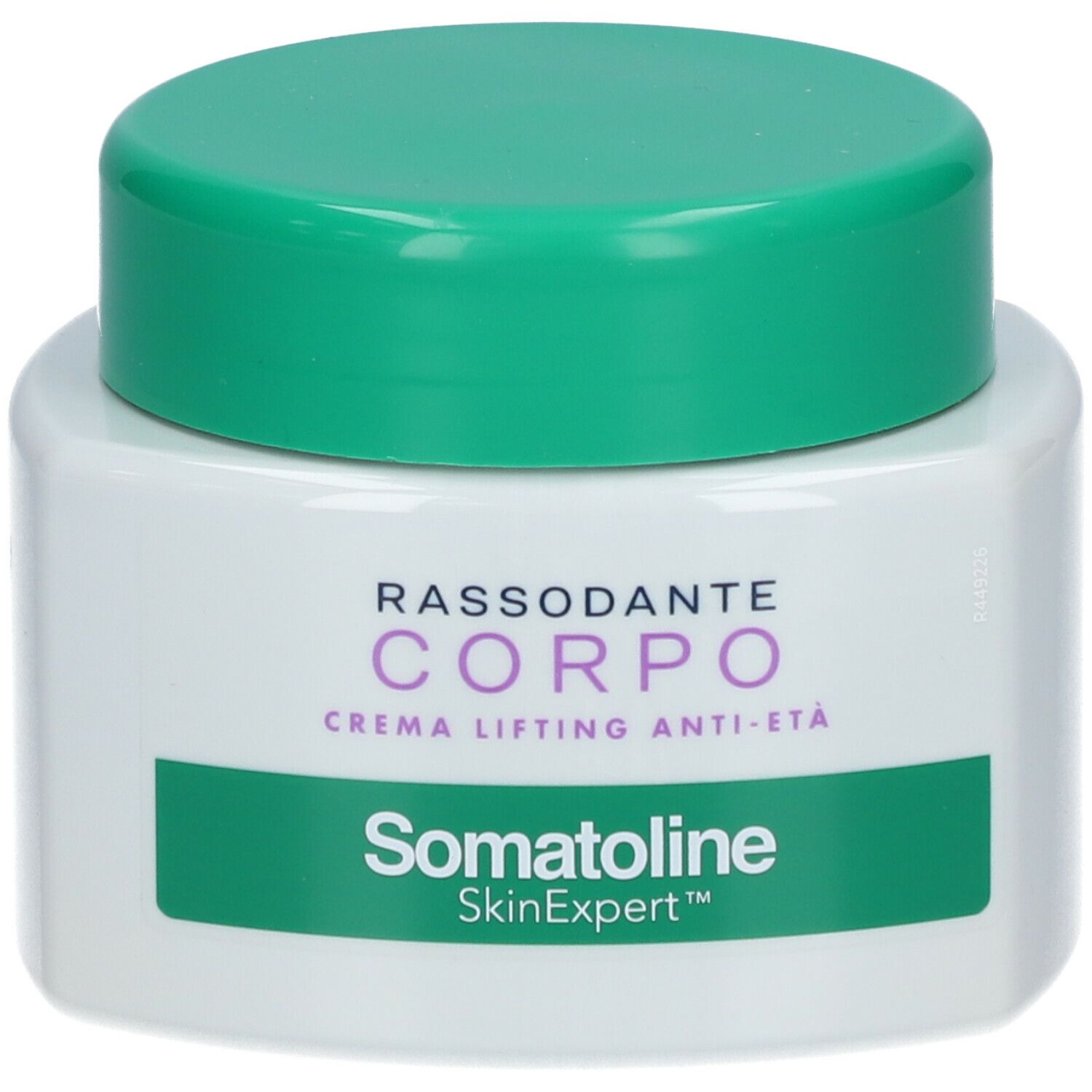 Vaso bianco con coperchio verde. Scritta: RASSODANTE CORPO, CREMA LIFTING ANTI-ETÀ, Somatoline SkinExpert. Etichetta verde e bianca.