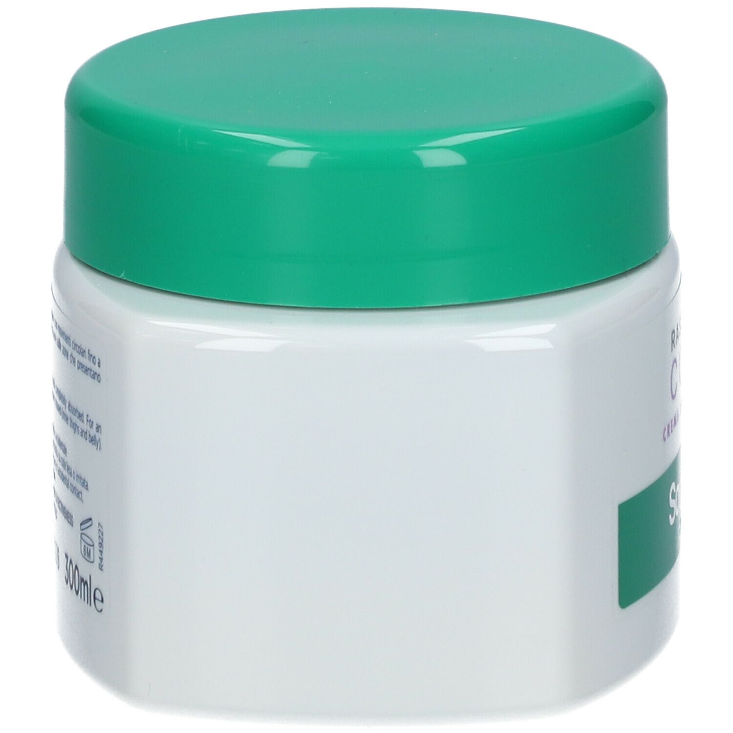 Retro del vaso bianco con coperchio verde. Testo: istruzioni per l'uso, ingredienti, avvertenze, informazioni produttore.