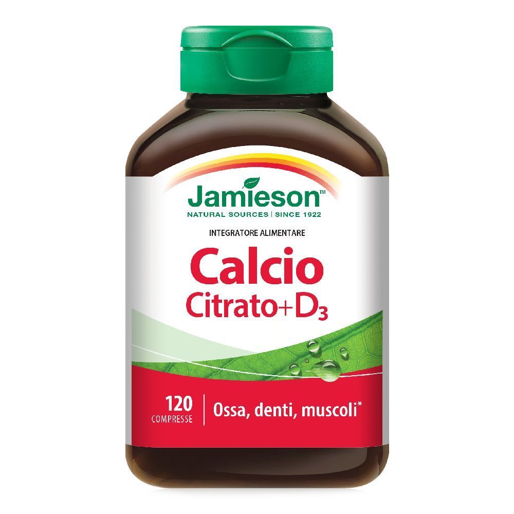 Flacone marrone con tappo verde. Scritta: Jamieson Calcio Citrato+D3, 120 compresse. Per ossa, denti, muscoli.