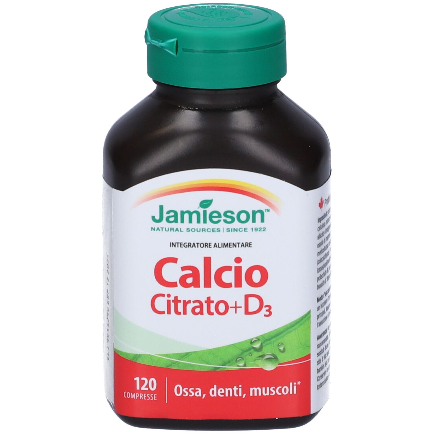 Flacone marrone con tappo verde. Scritta: Jamieson Calcio Citrato+D3, 120 compresse. Per ossa, denti, muscoli.