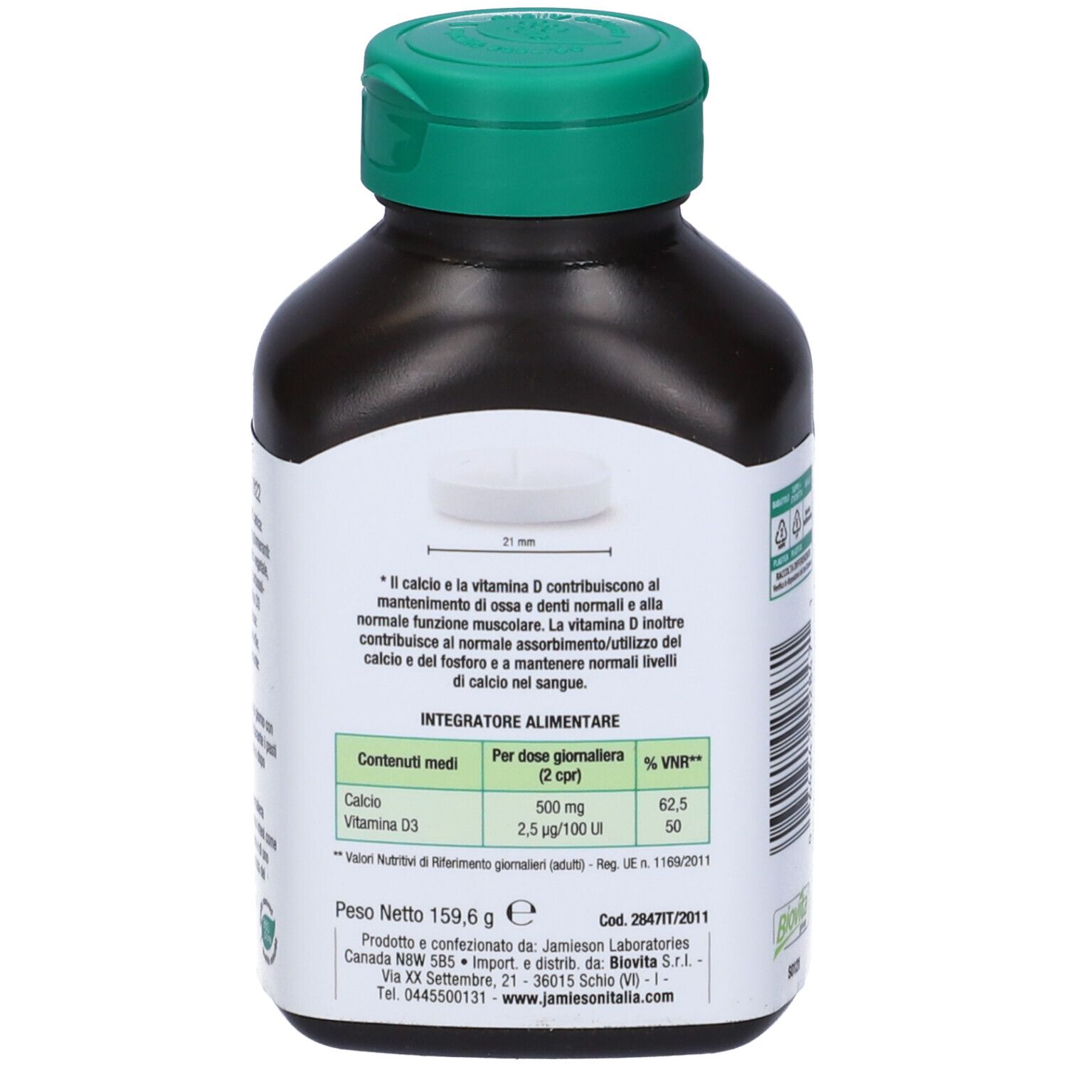 Retro del flacone. Testo: Ingredienti, informazioni nutrizionali, peso netto 159,6 g. Prodotto da Jamieson Laboratories.