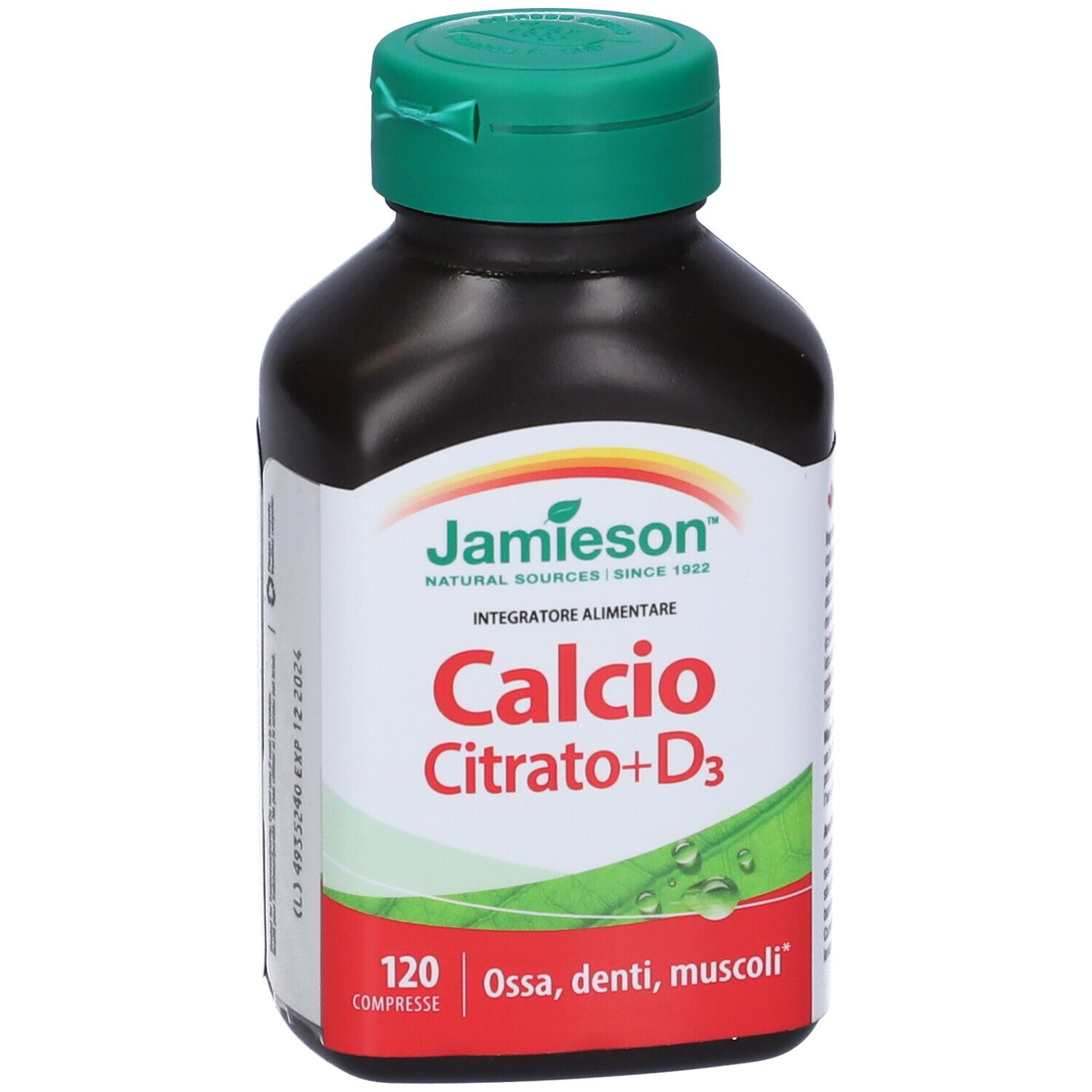 Flacone marrone con tappo verde. Scritta: Jamieson Calcio Citrato+D3, 120 compresse. Per ossa, denti, muscoli.