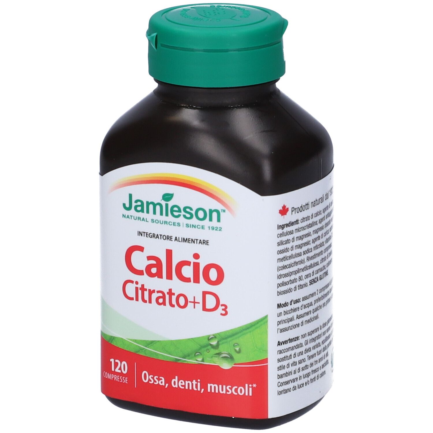 Flacone marrone con tappo verde. Scritta: Jamieson Calcio Citrato+D3, 120 compresse. Per ossa, denti, muscoli.