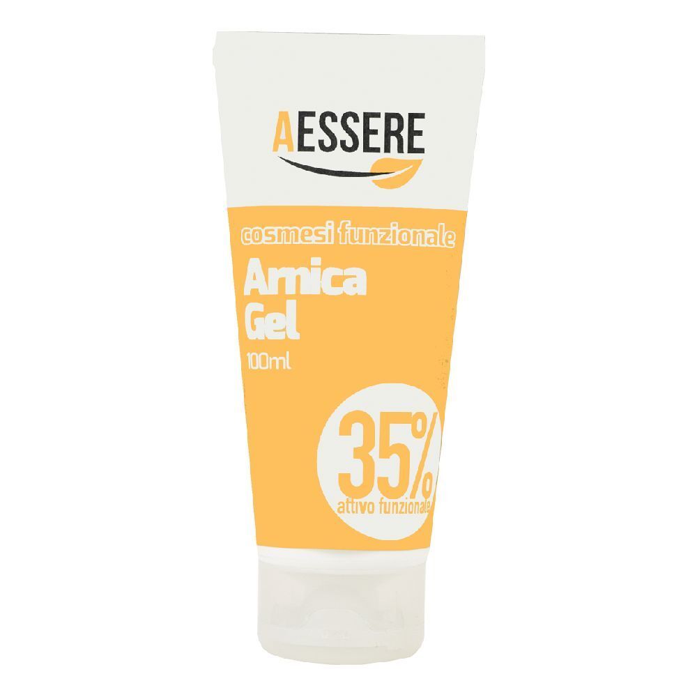 Tubo con etichetta gialla. Scritte: Aessere, Arnica Gel, 35%.