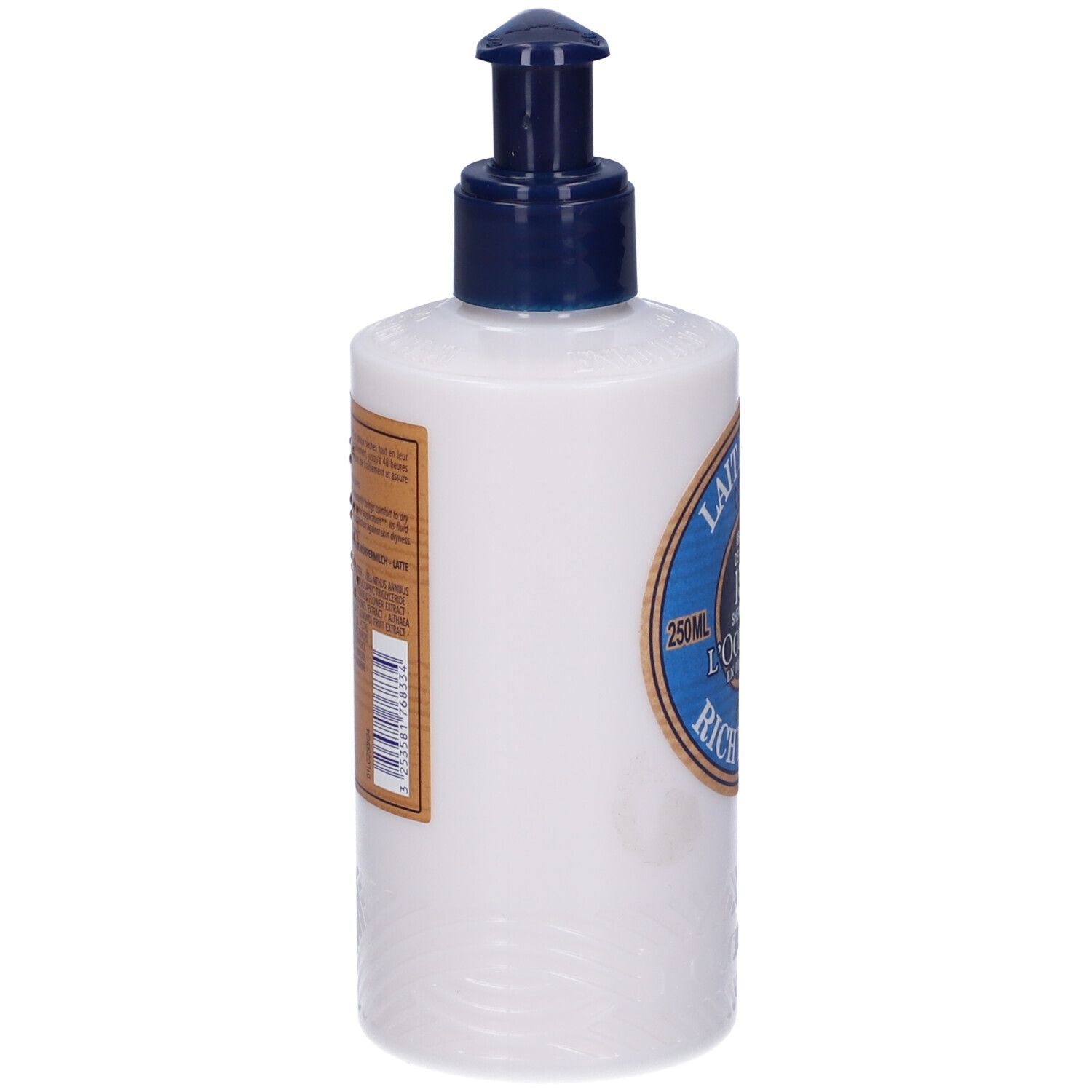 Flacone bianco con erogatore blu. Etichetta con testo e codice a barre. Vista posteriore.