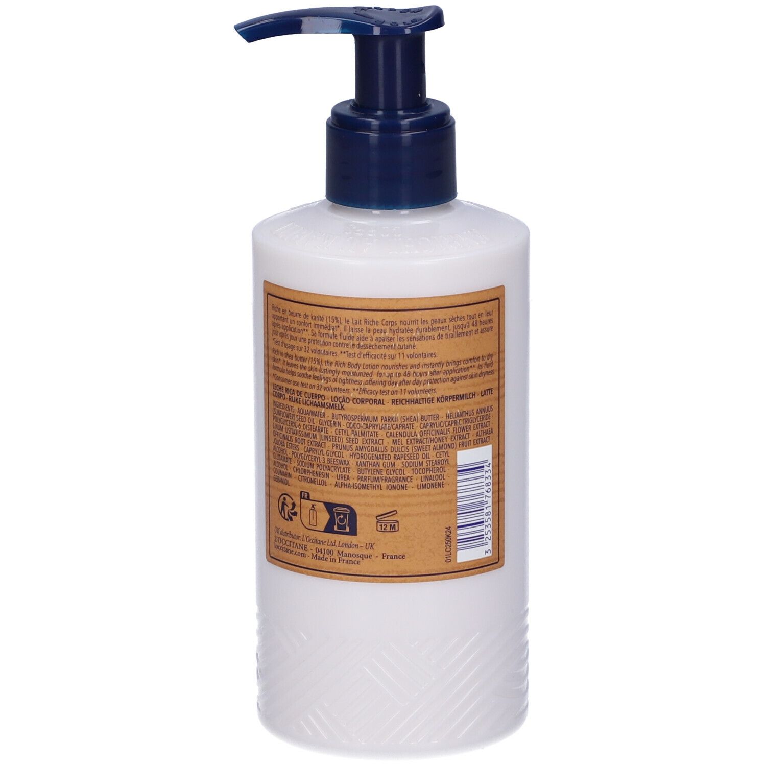 Flacone bianco con erogatore blu. Retro con testo e codice a barre.