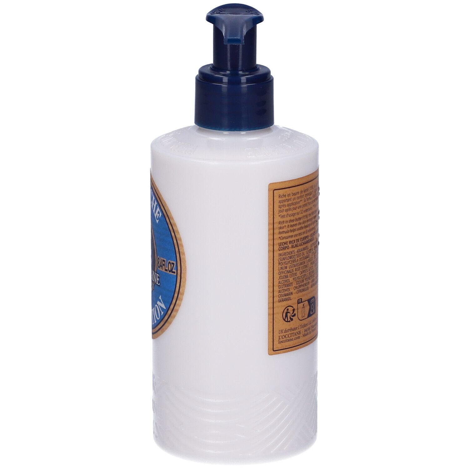 Flacone bianco con erogatore blu. Retro con testo e codice a barre.