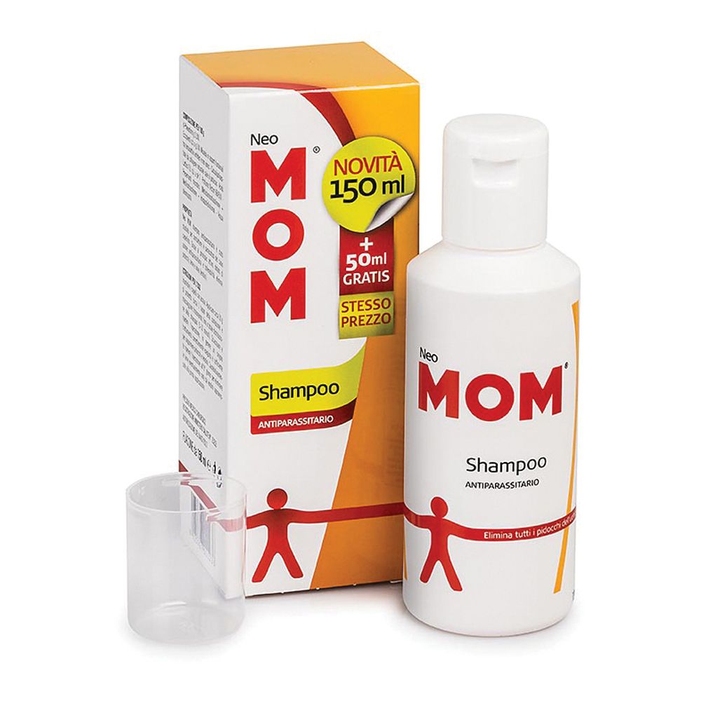 Flacone e scatola di shampoo bianchi. Scritta: Neo MOM Shampoo Antiparassitario. Bicchiere accanto.