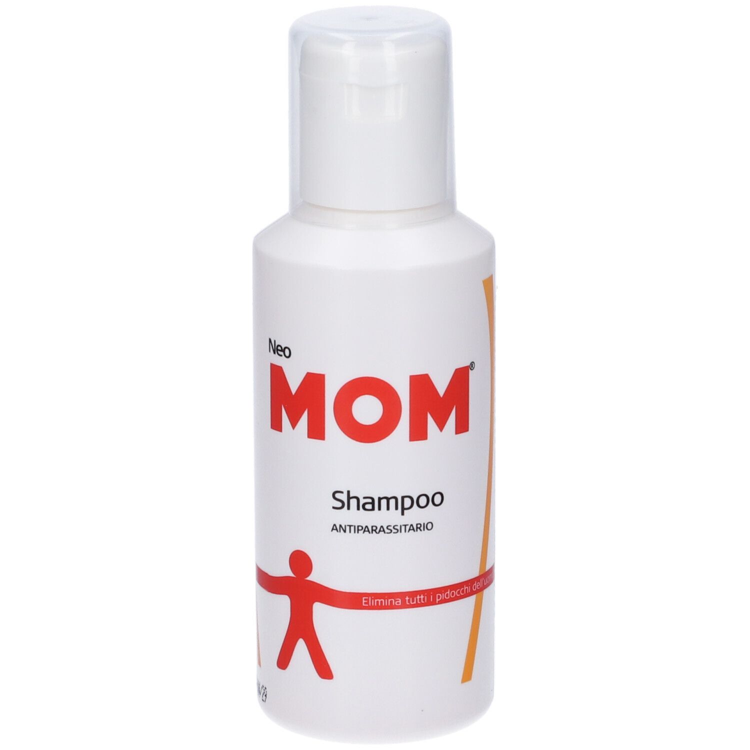 Flacone di shampoo bianco. Scritta: Neo MOM Shampoo Antiparassitario. Omino rosso.