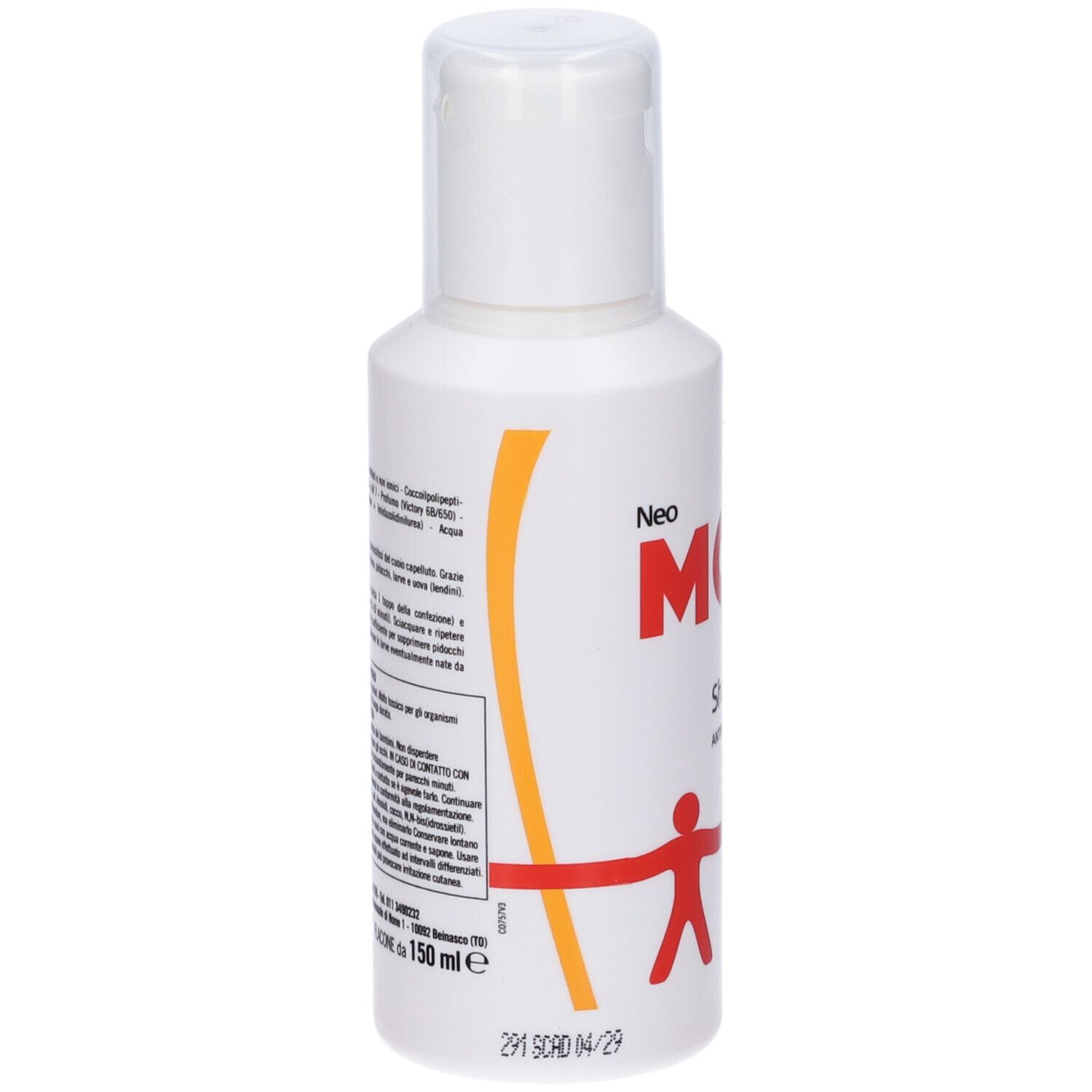 Flacone di shampoo bianco. Scritta: Neo MOM Shampoo Antiparassitario. Omino rosso.