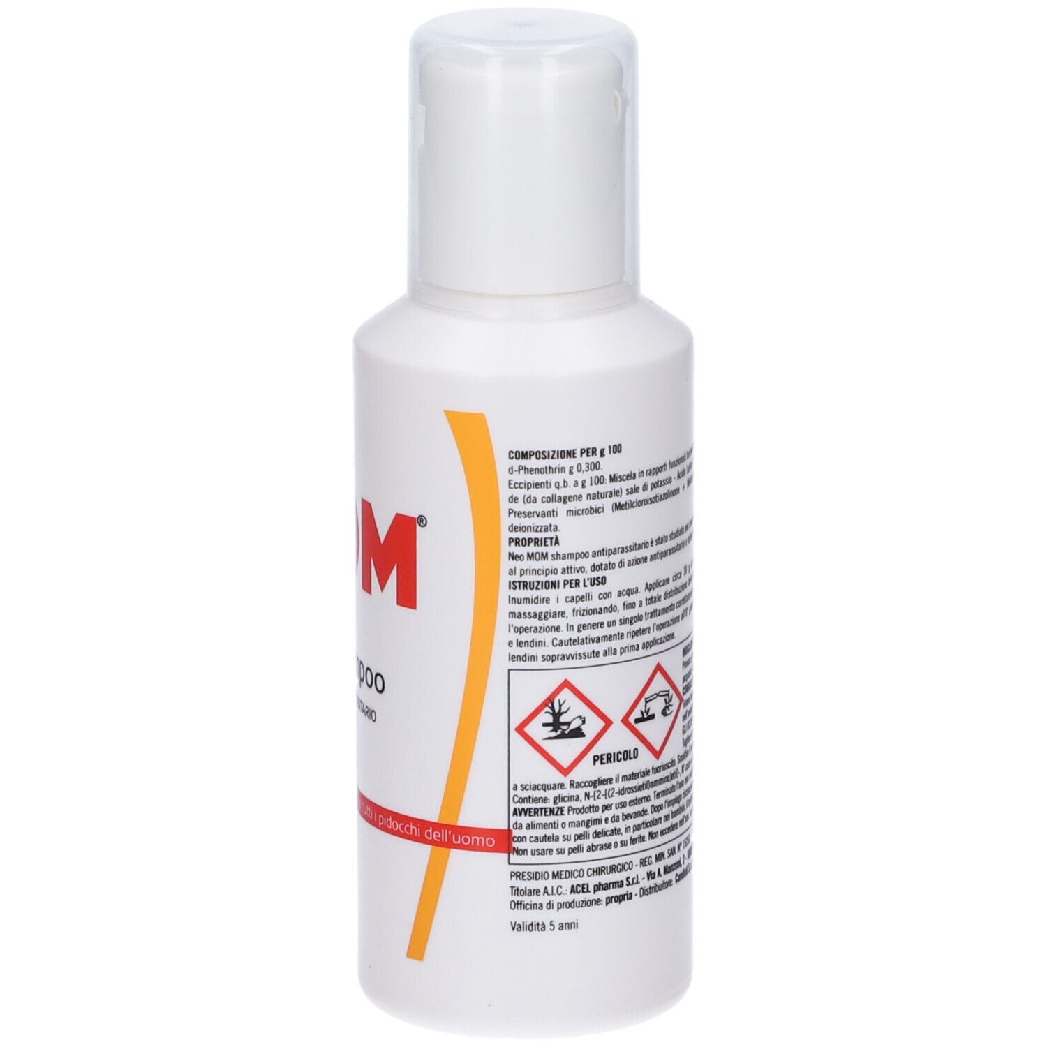 Flacone di shampoo bianco. Scritta: Neo MOM Shampoo Antiparassitario. Omino rosso.