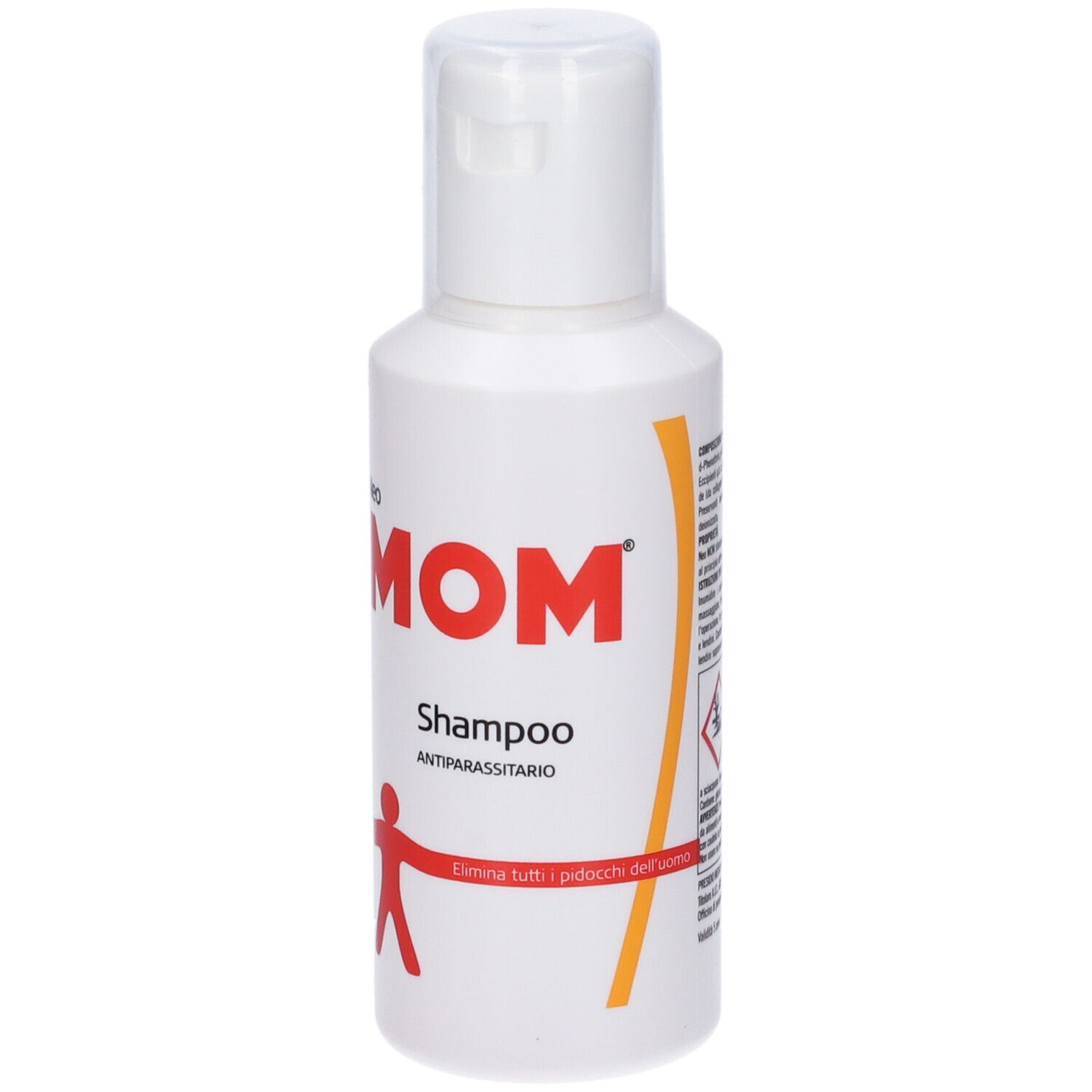 Flacone di shampoo bianco. Scritta: Neo MOM Shampoo Antiparassitario. Omino rosso.