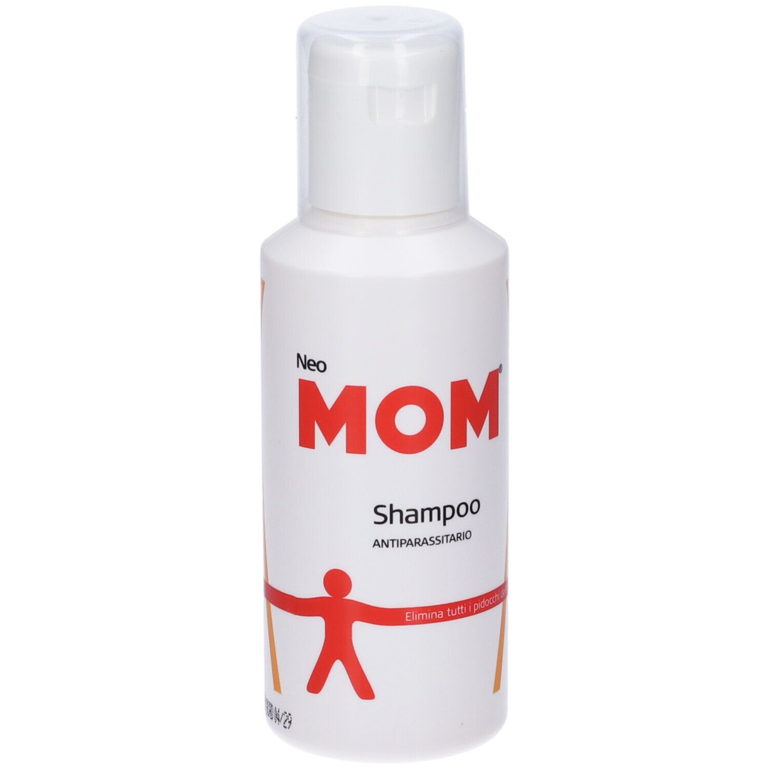 Flacone di shampoo bianco. Scritta: Neo MOM Shampoo Antiparassitario. Omino rosso.