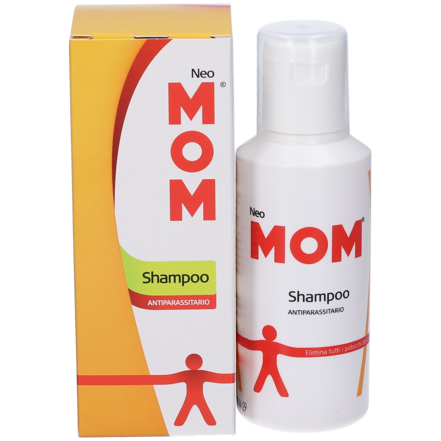 Flacone e scatola di shampoo bianchi. Scritta: Neo MOM Shampoo Antiparassitario.
